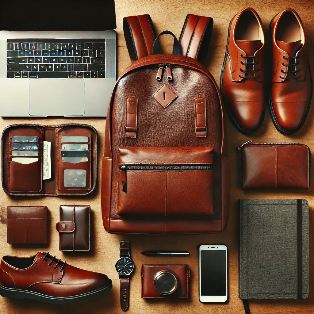 Masada düzenli olarak yerleştirilmiş deri sırt çantası, cüzdan, iPad kılıfı ve deri ürünler: