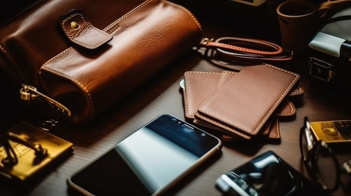 Leather phone case, wallets and everyday accessories arranged on a dark wooden table
