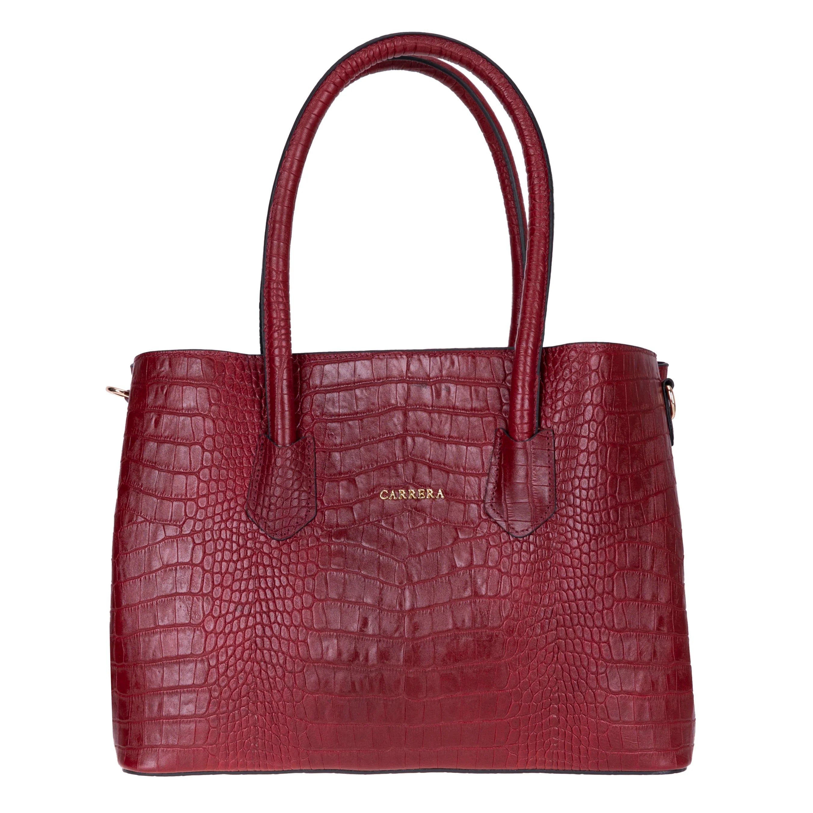 Maroon handbag with crocodile texture on a white background