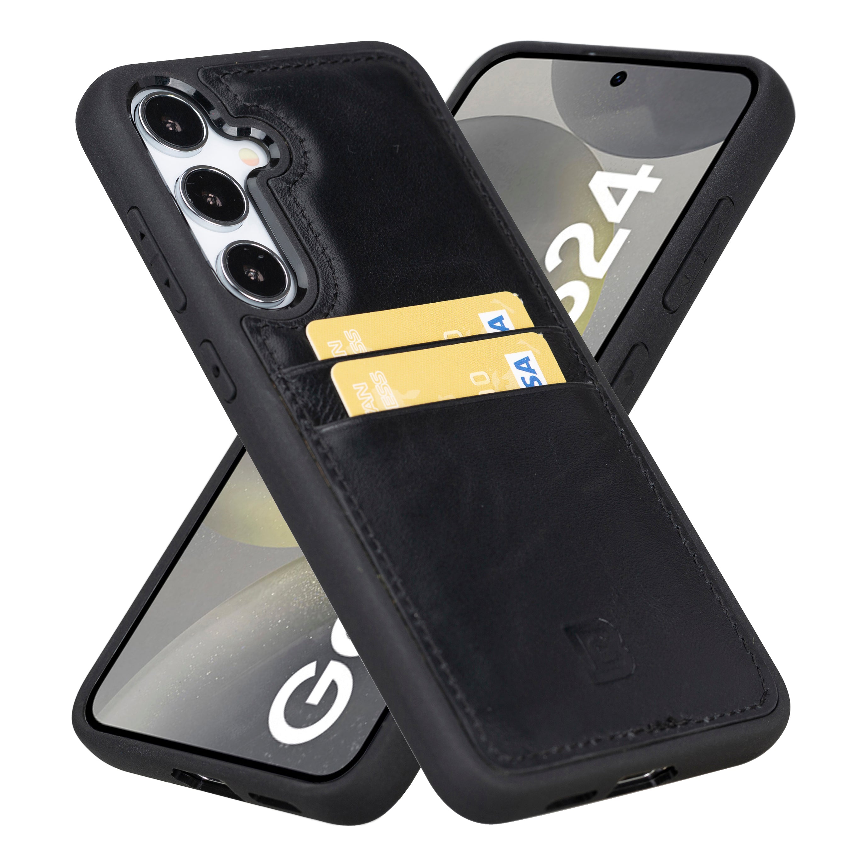 A brown Samsung Galaxy S25 leather case with card holder displayed from multiple angles showing the front, back, and sides.