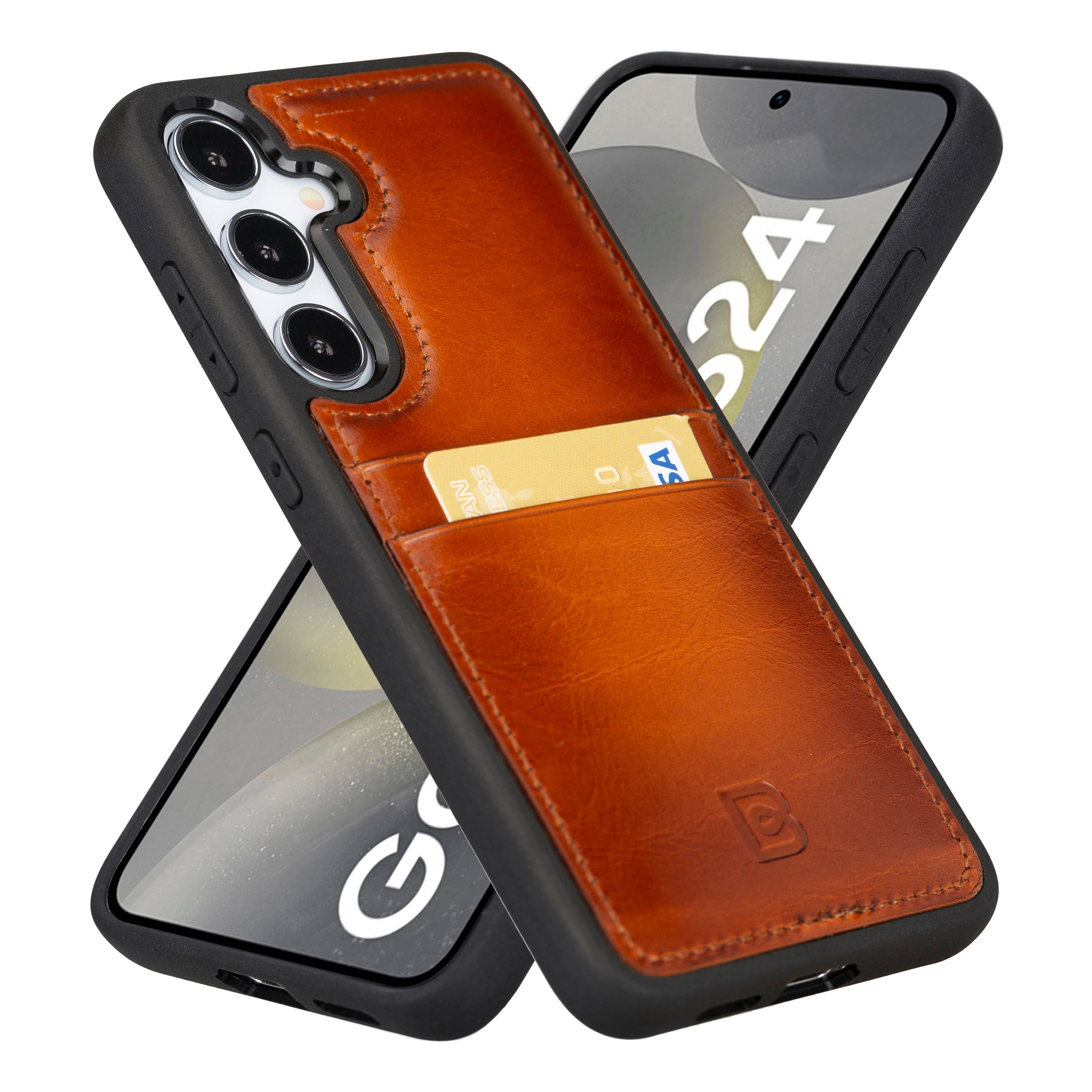 A brown Samsung Galaxy S25 leather case with card holder displayed from multiple angles showing the front, back, and sides.