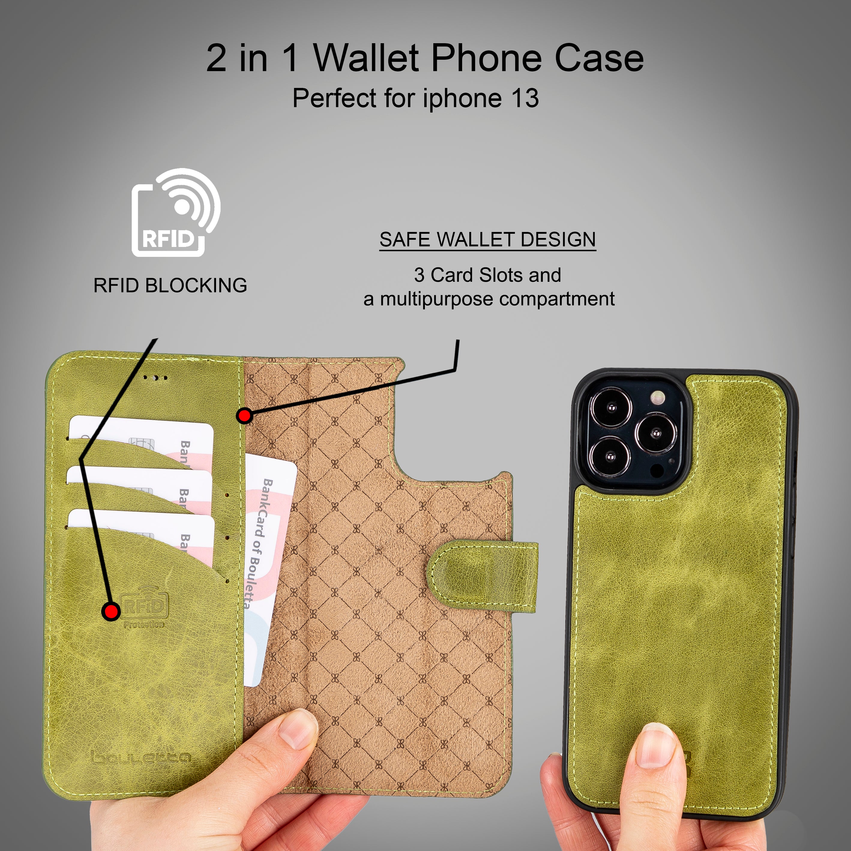 Étui portefeuille détachable en cuir véritable pour iPhone 13