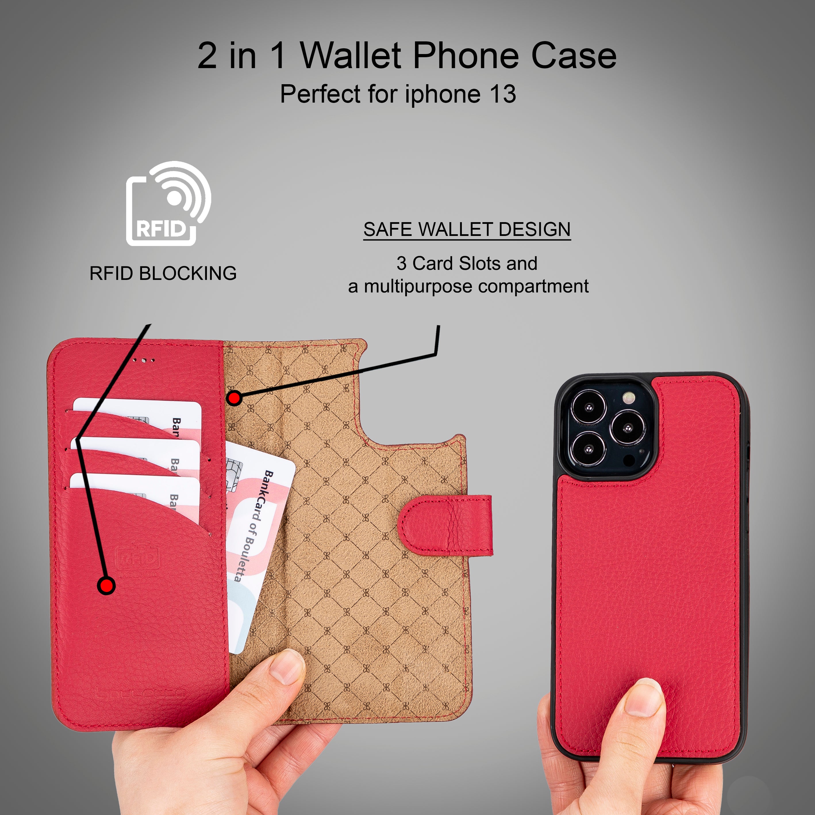 Étui portefeuille détachable en cuir véritable pour iPhone 13