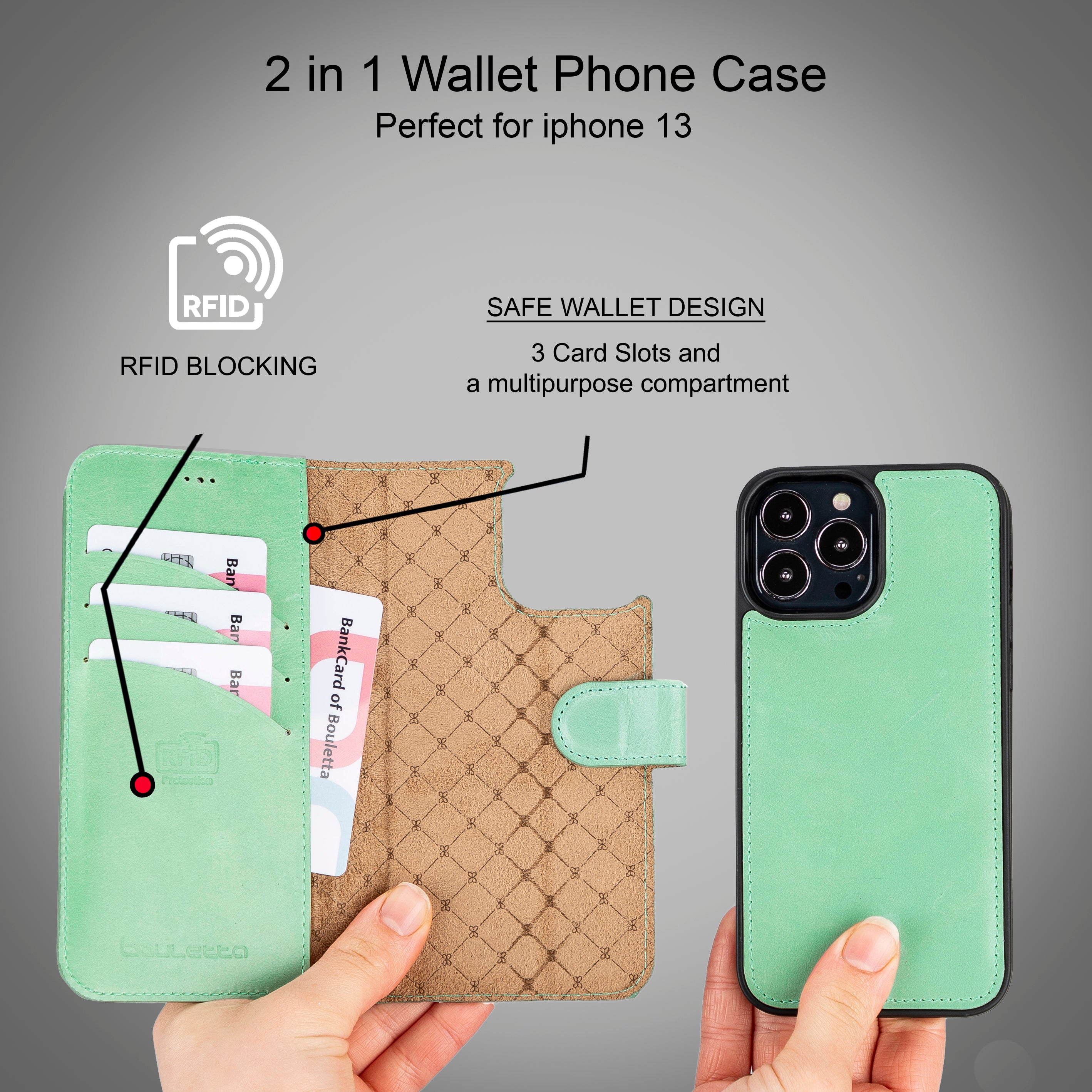 Étui portefeuille détachable en cuir véritable pour iPhone 13