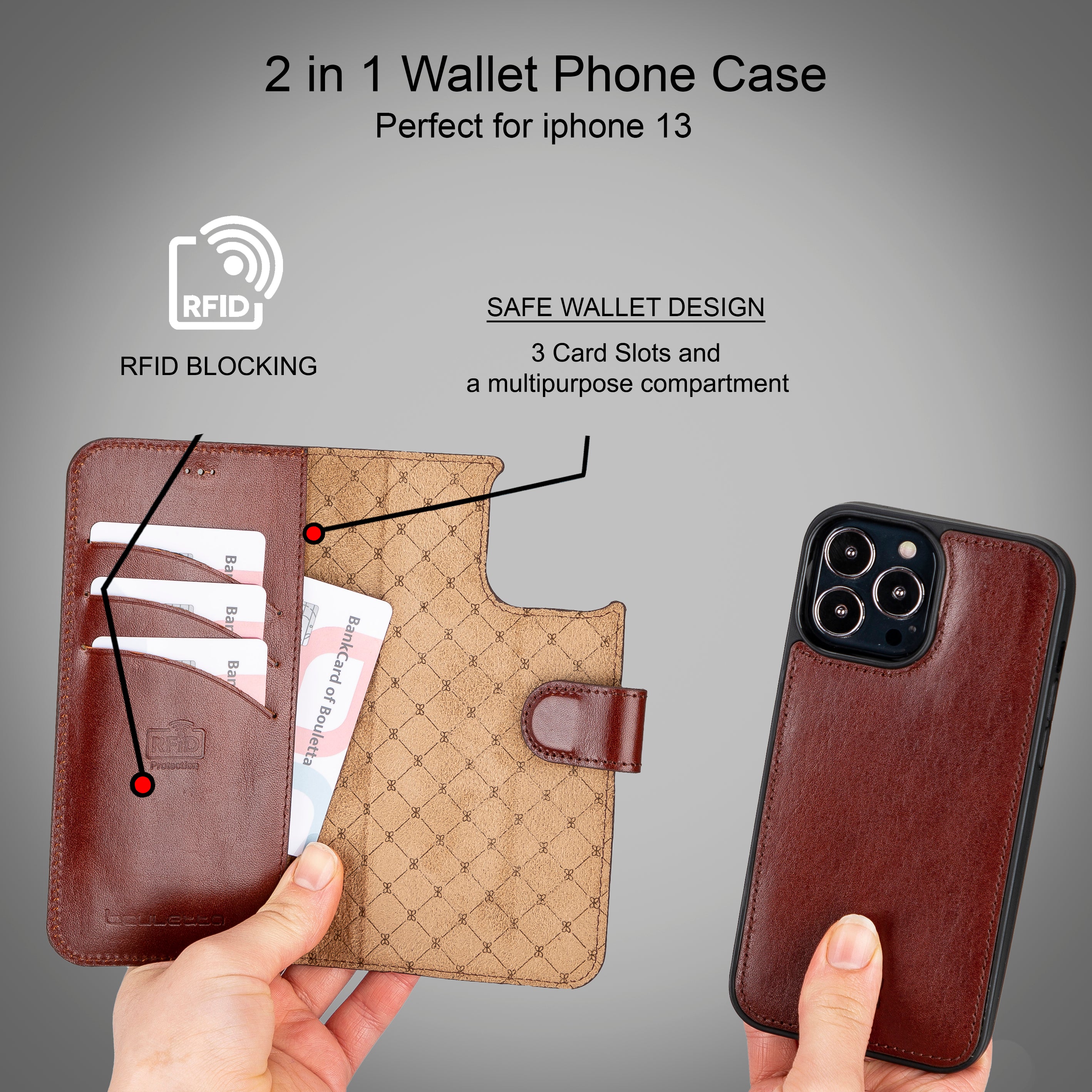 Étui portefeuille détachable en cuir véritable pour iPhone 13
