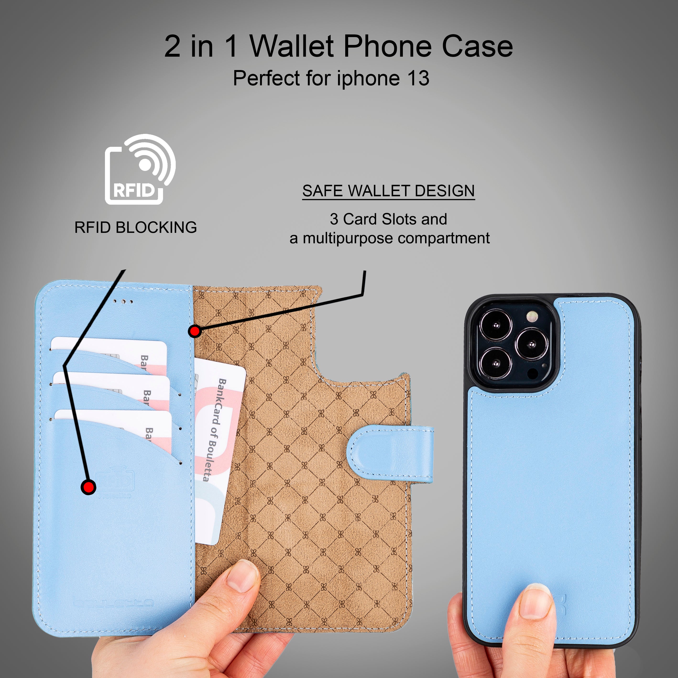 Étui portefeuille détachable en cuir véritable pour iPhone 13