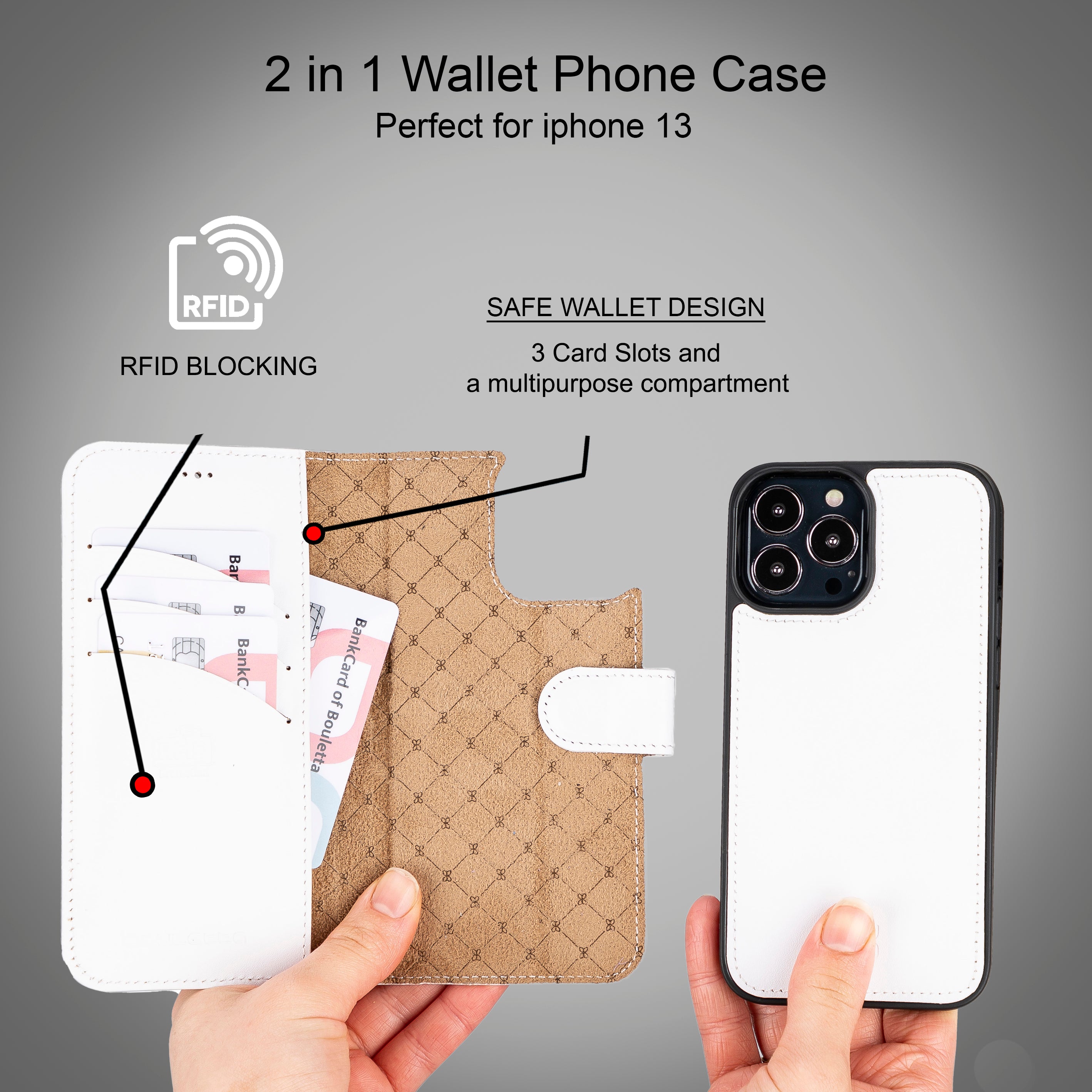 Étui portefeuille détachable en cuir véritable pour iPhone 13