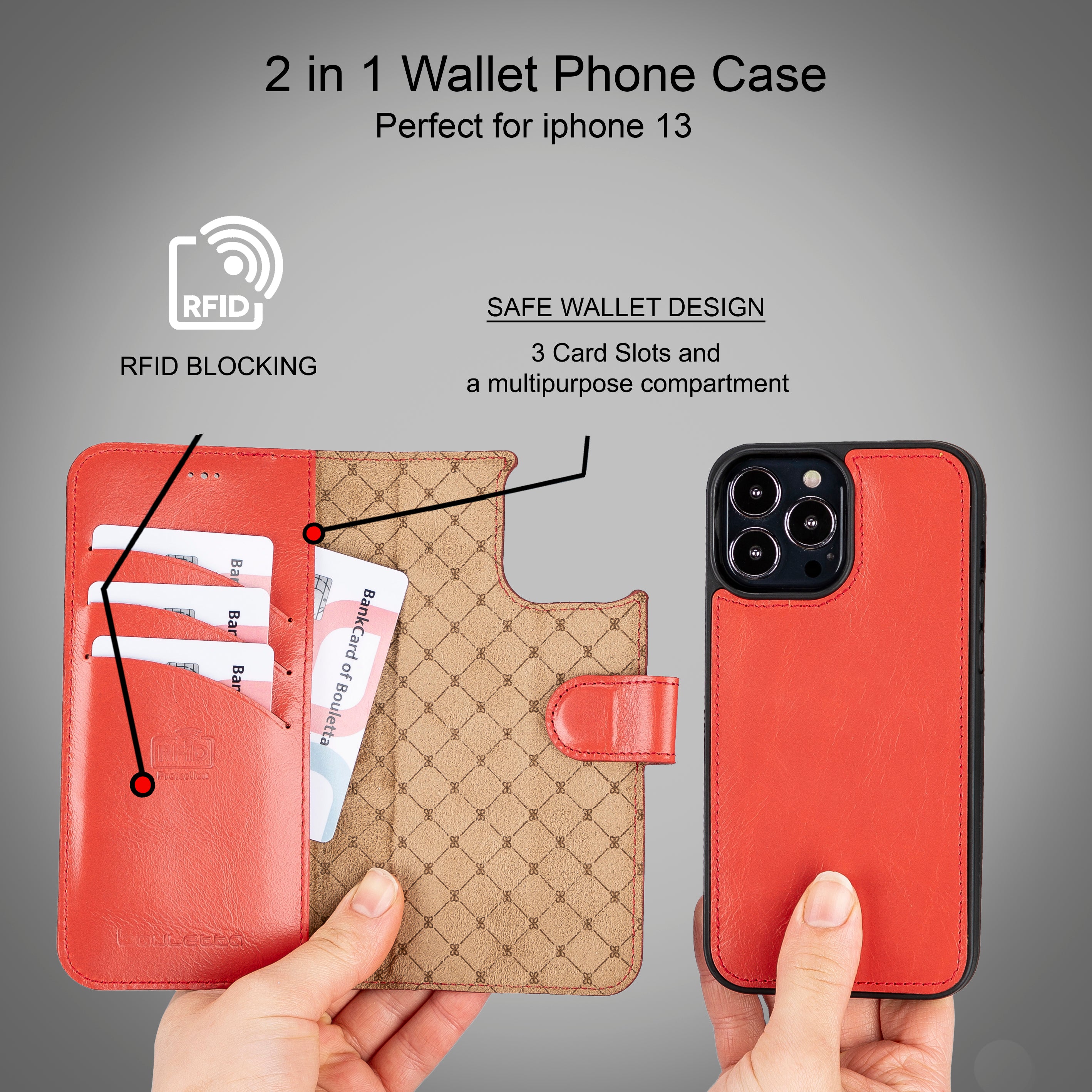 Étui portefeuille détachable en cuir véritable pour iPhone 13