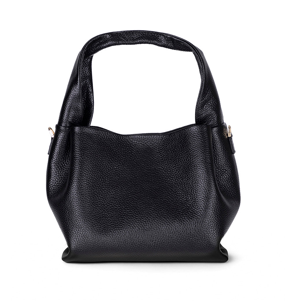 Black leather handbag on a white background