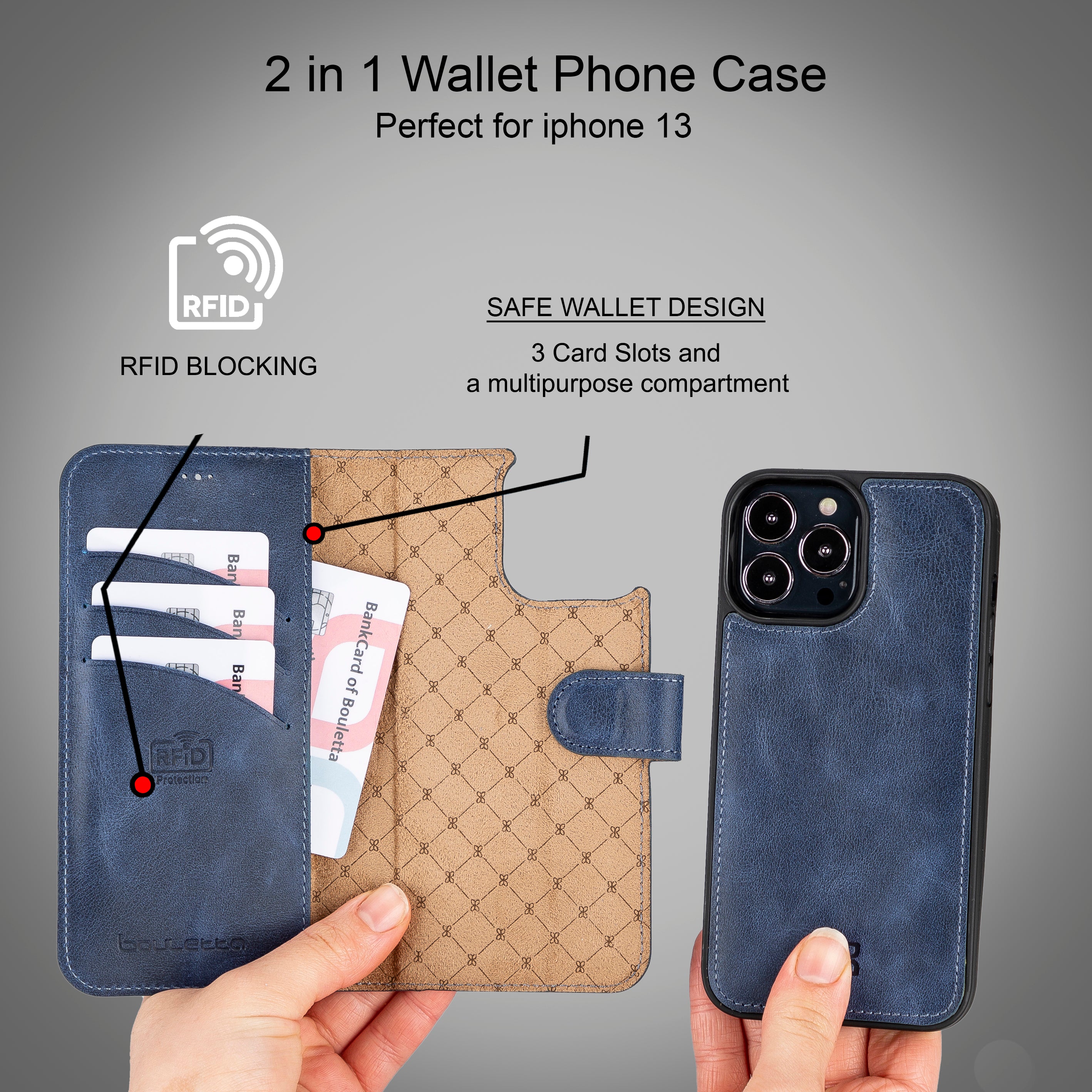Étui portefeuille détachable en cuir véritable pour iPhone 13