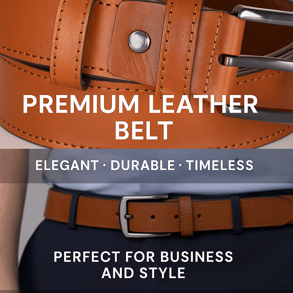 Brown leather belt with silver buckle on a person wearing a suit, text 'Premium Leather Belt' and 'Elegant, Durable, Timeless'.