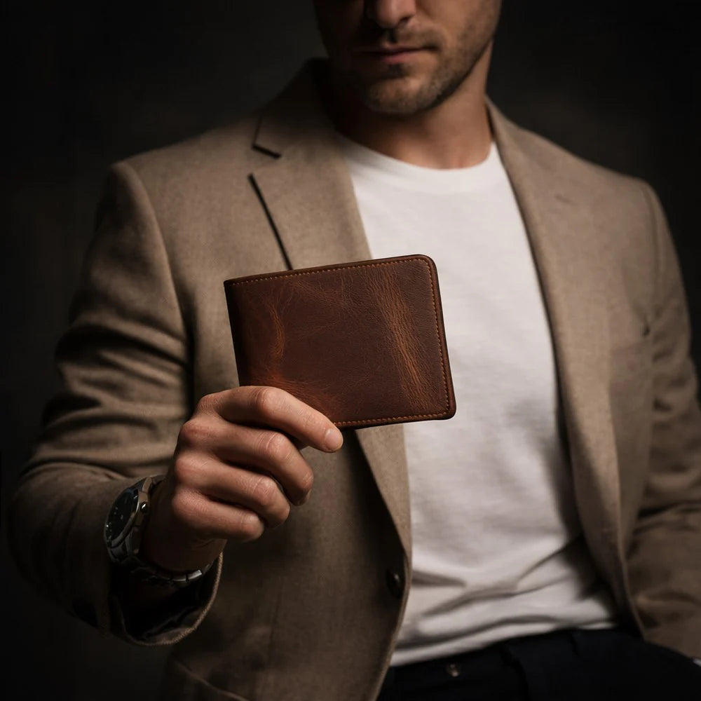 Man holding a brown leather wallet against a dark background