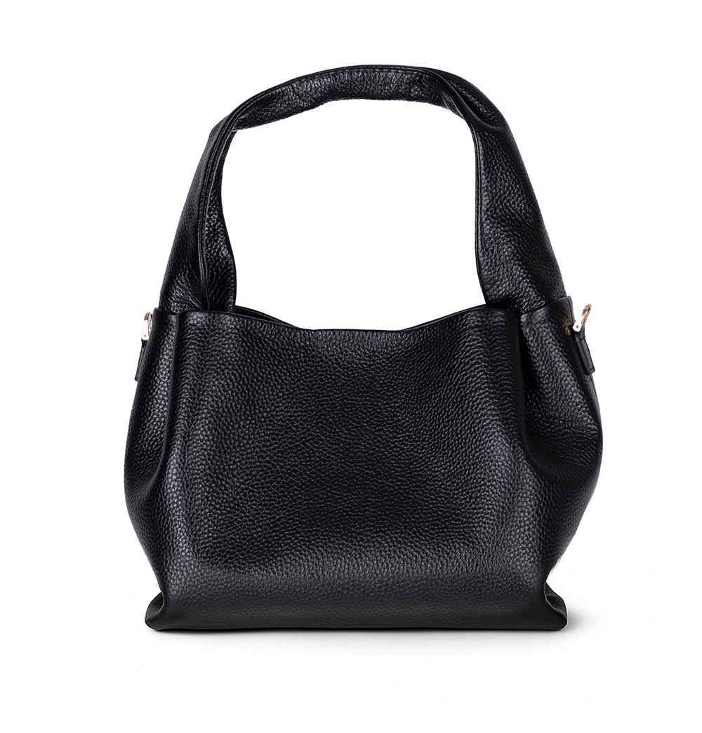Black leather handbag on a white background
