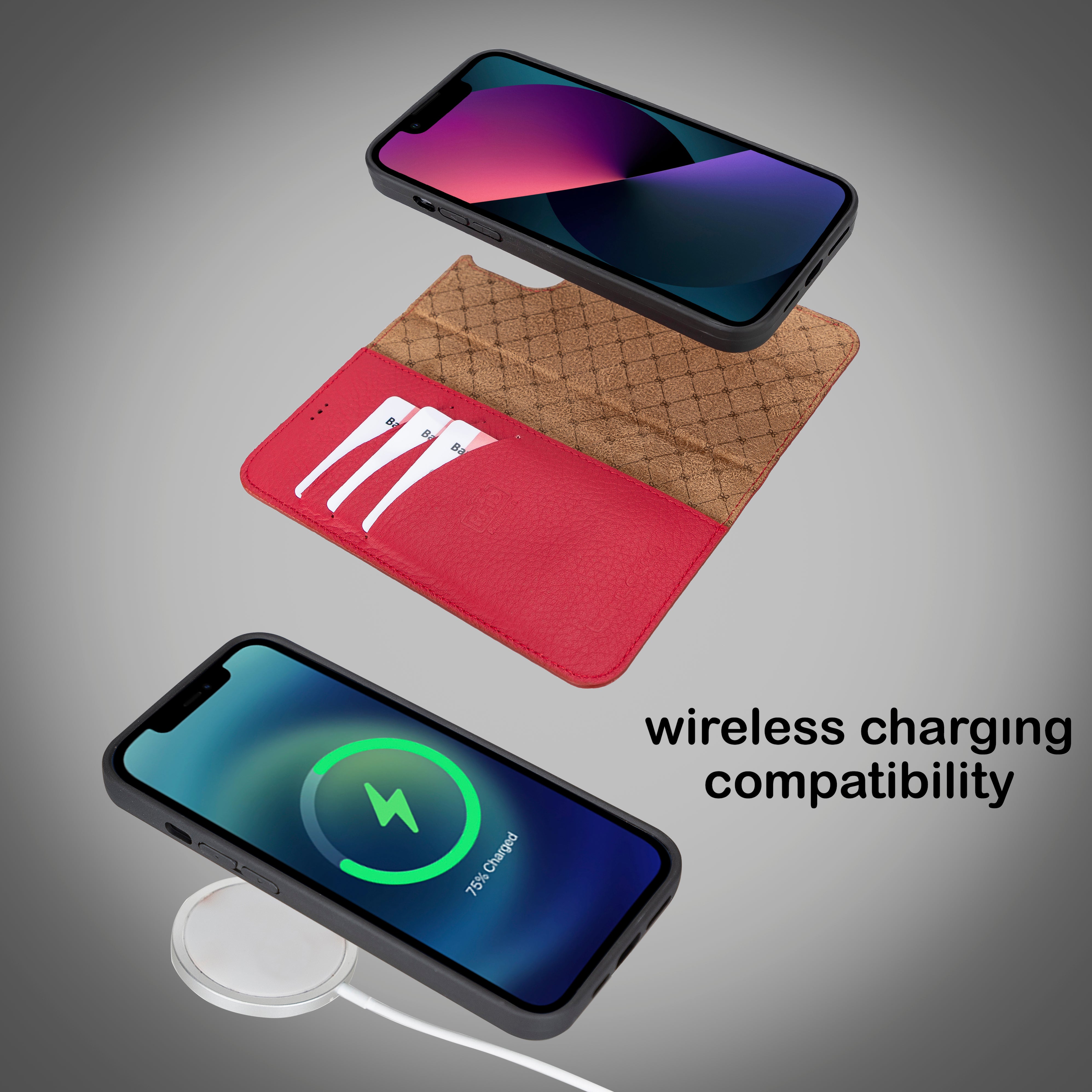 Étui portefeuille détachable en cuir véritable pour iPhone 13