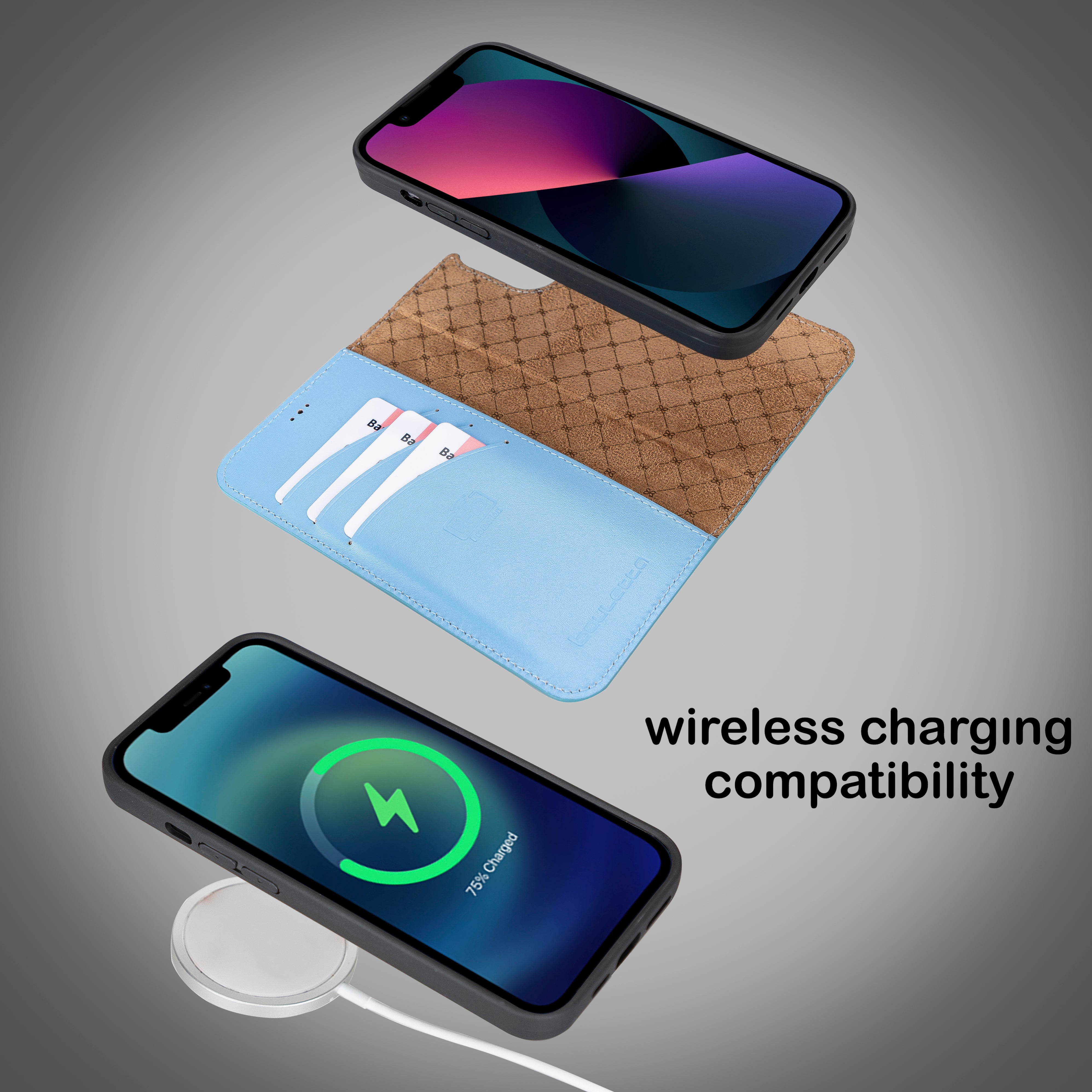 Étui portefeuille détachable en cuir véritable pour iPhone 13