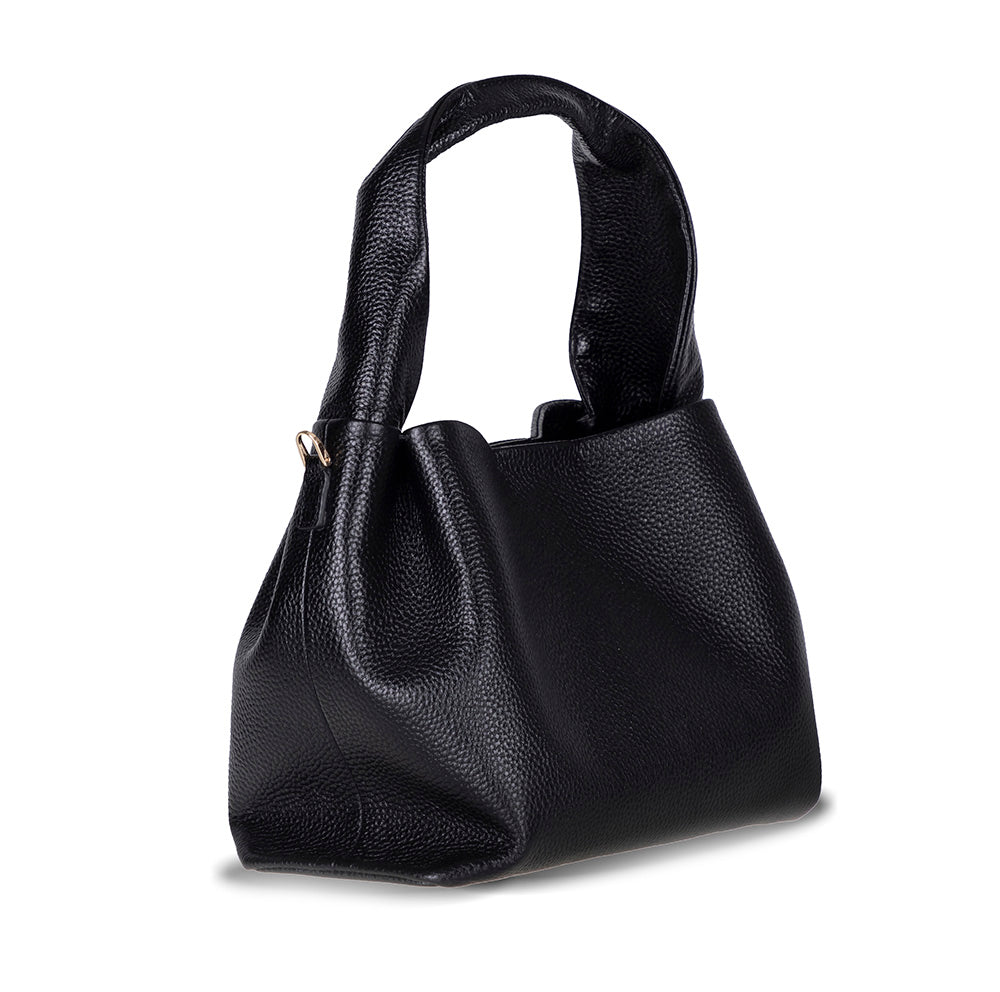 Black leather handbag on a white background