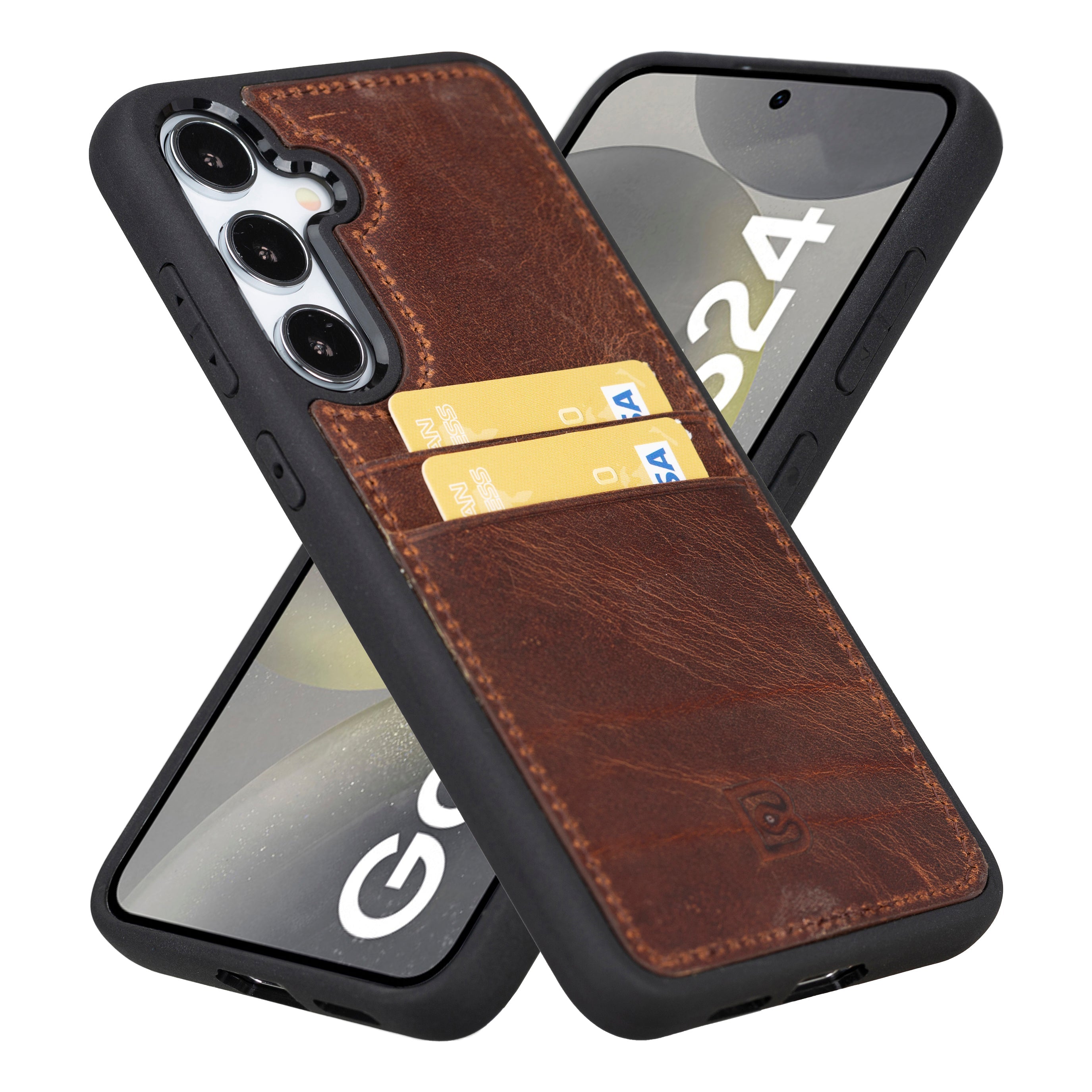 A brown Samsung Galaxy S25 leather case with card holder displayed from multiple angles showing the front, back, and sides.