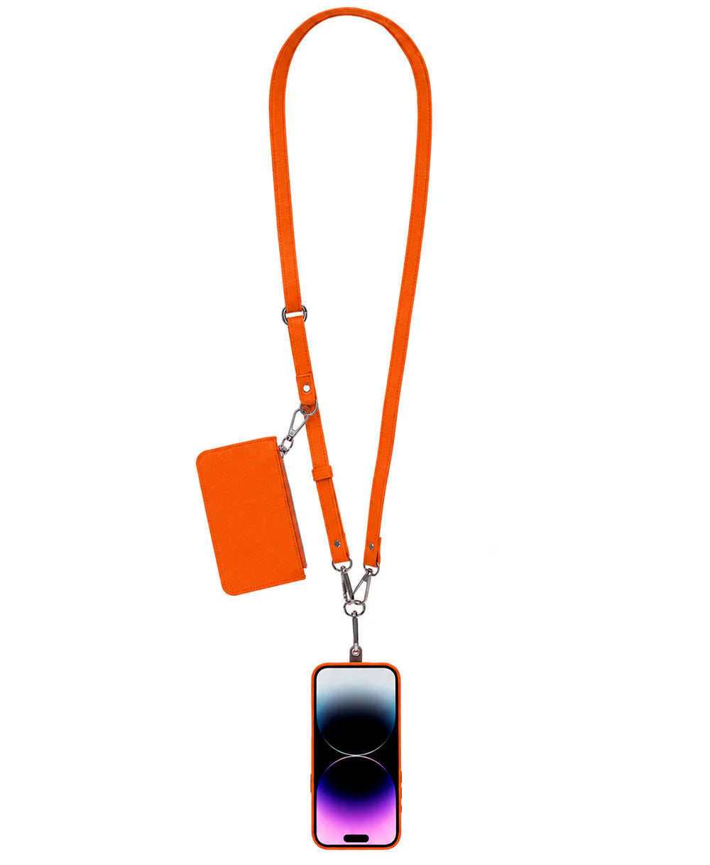 An orange faux-leather lanyard set featuring a matching card holder and a phone case with a matching orange bumper, displayed on a clean white background.