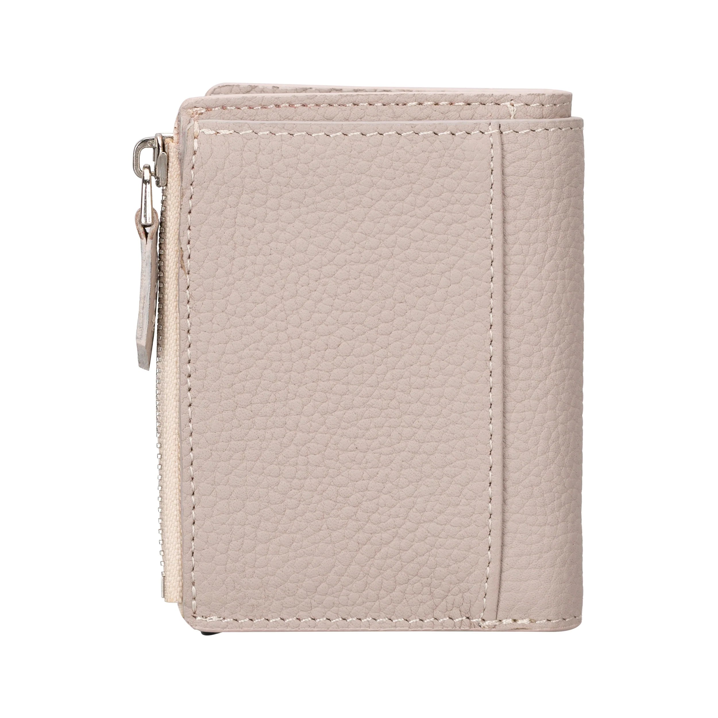 Beige leather wallet with a zipper on a white background