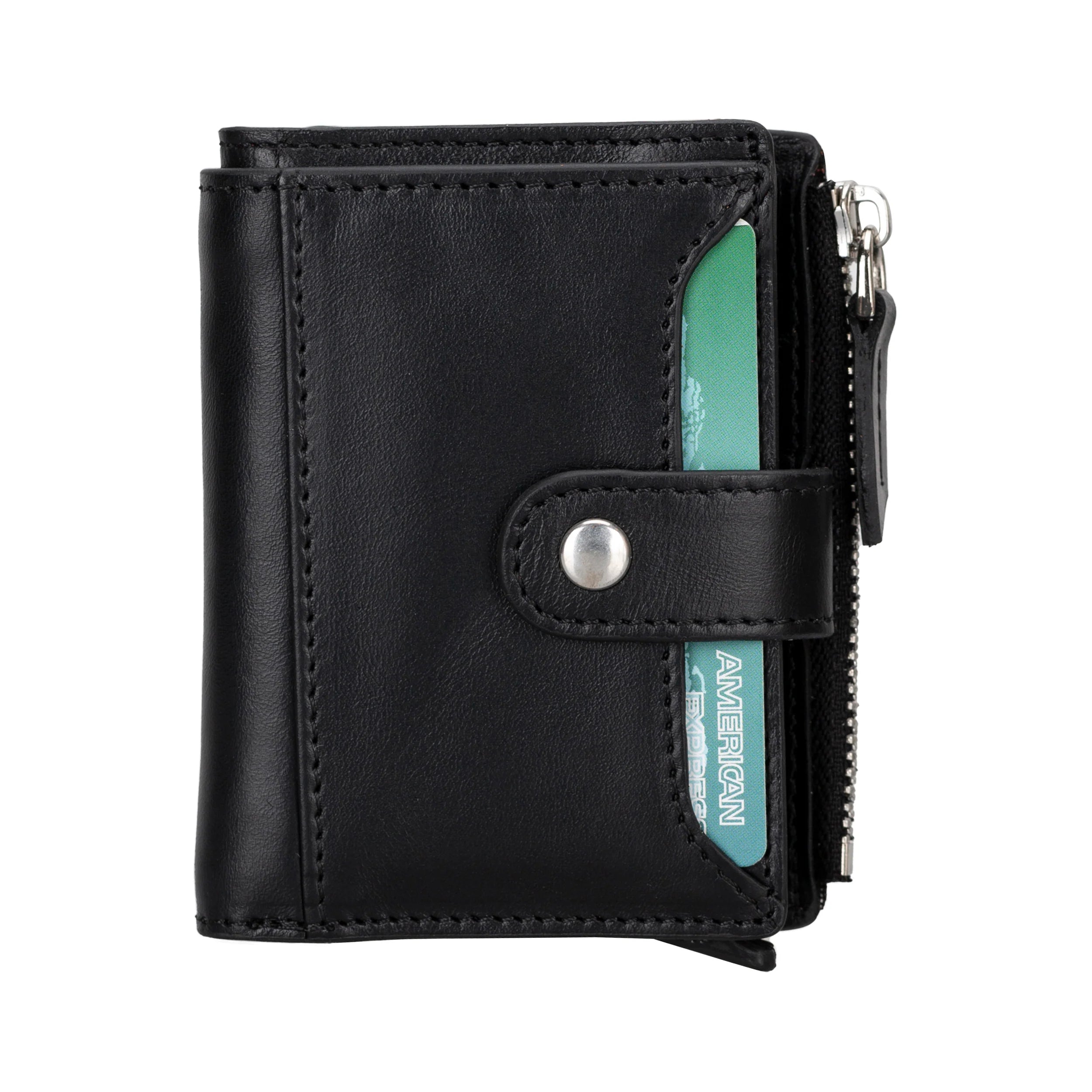 Black leather wallet with a zipper on a white background