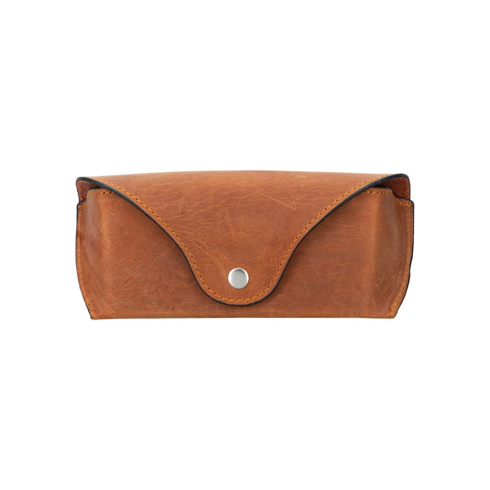 Brown leather sunglasses case with a silver button on a white background