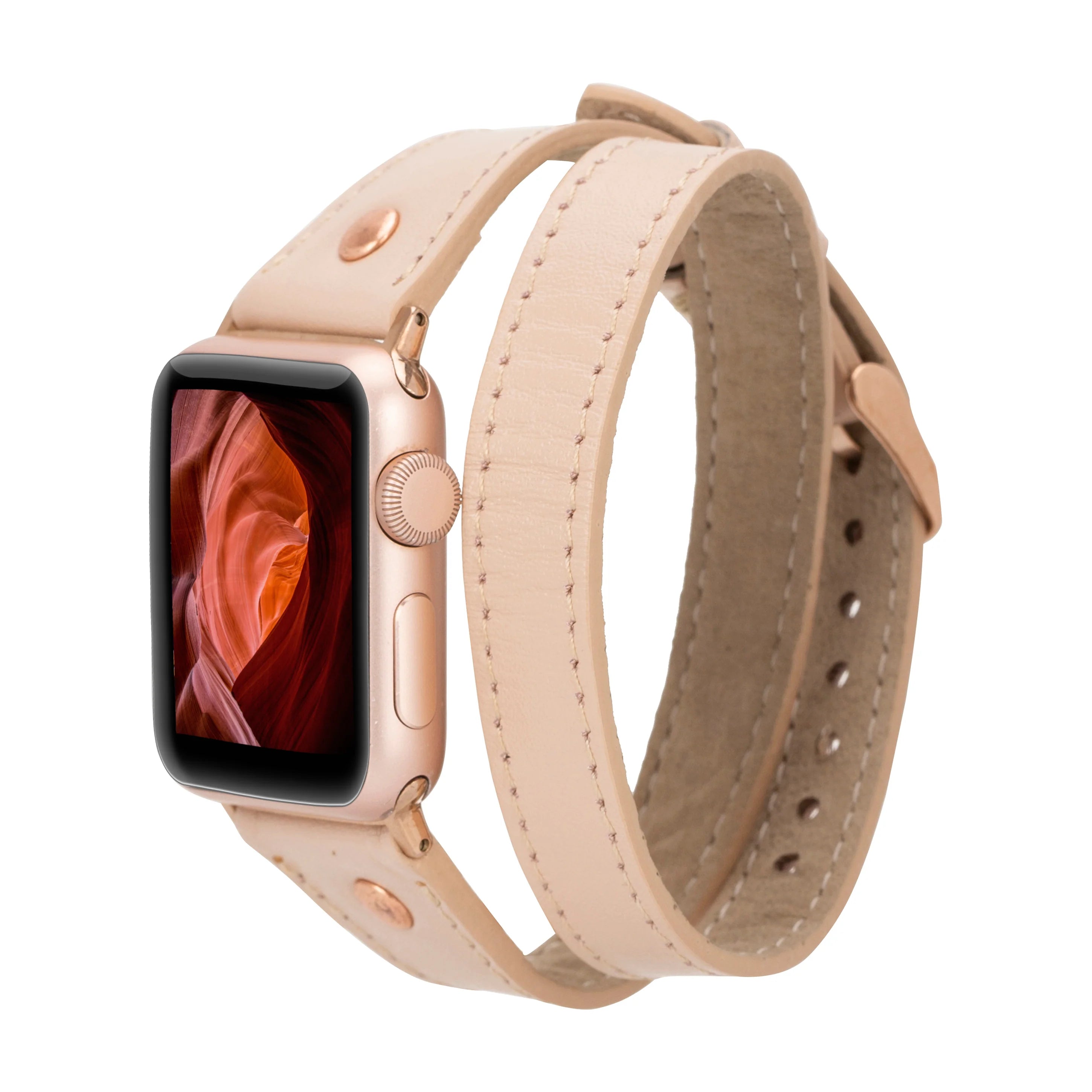 Smartwatch with a beige leather strap on a white background