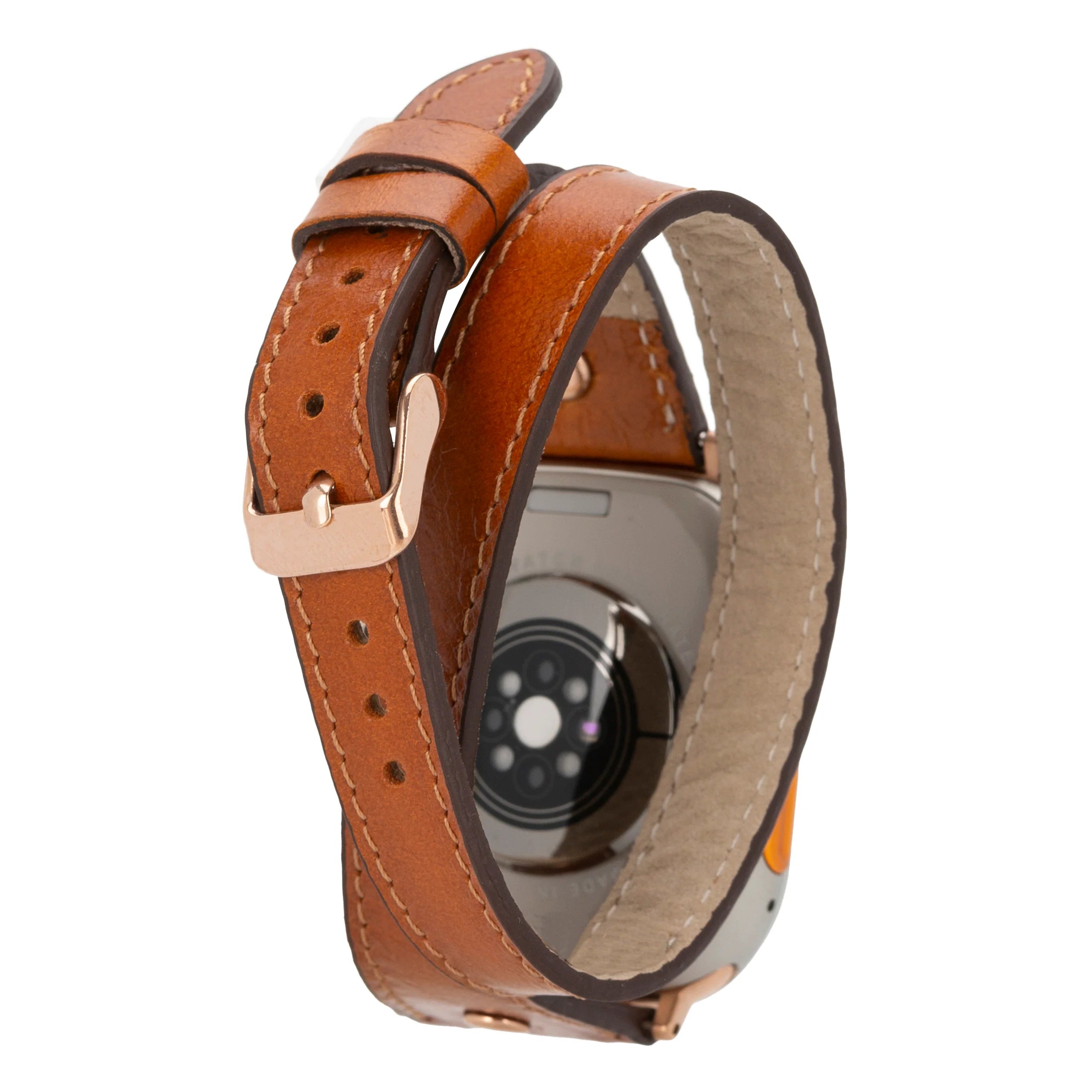 Brown leather watch strap with rose gold buckle on a white background