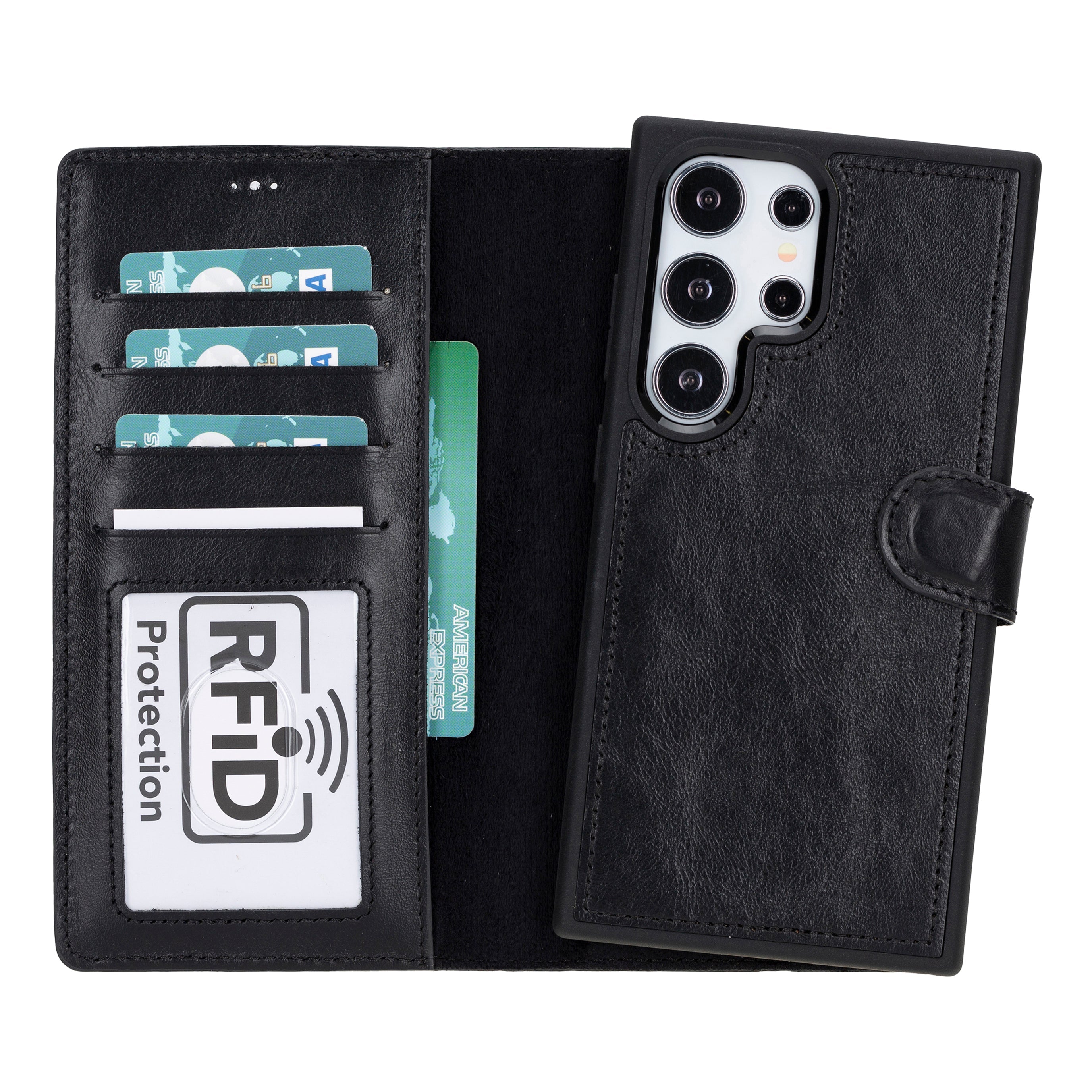 Black phone case with card slots and RFID protection label on a white background