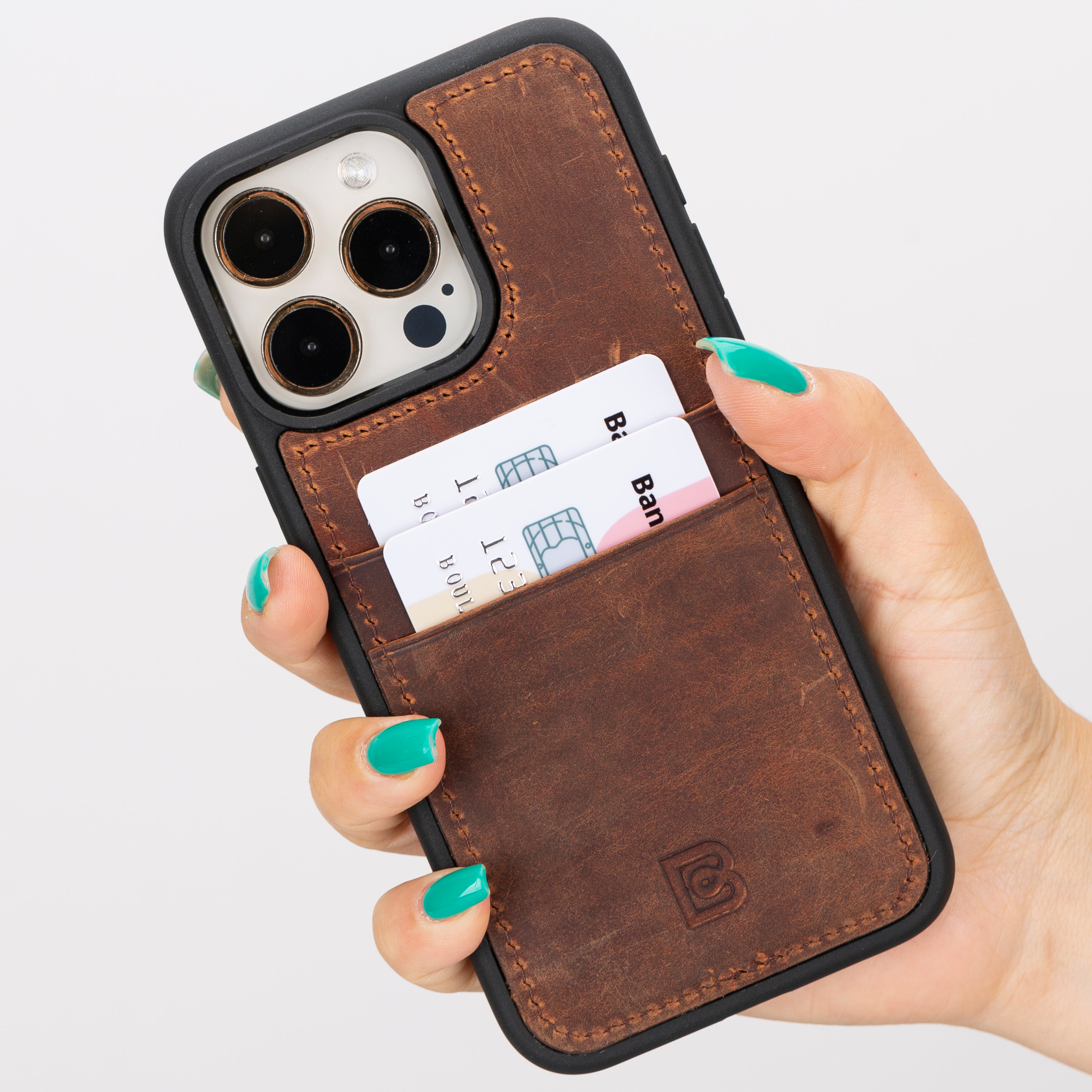 Coque arrière en cuir véritable pour iPhone 15 Pro Max (6,7 pouces) avec porte-cartes