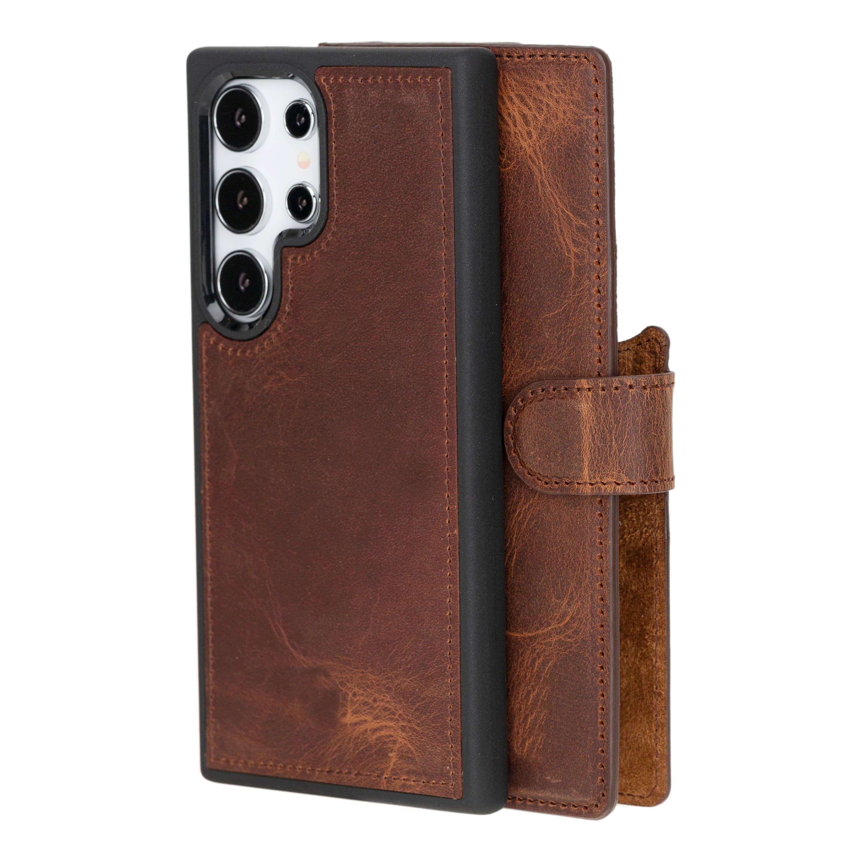 Brown leather phone case with black interior on a white background