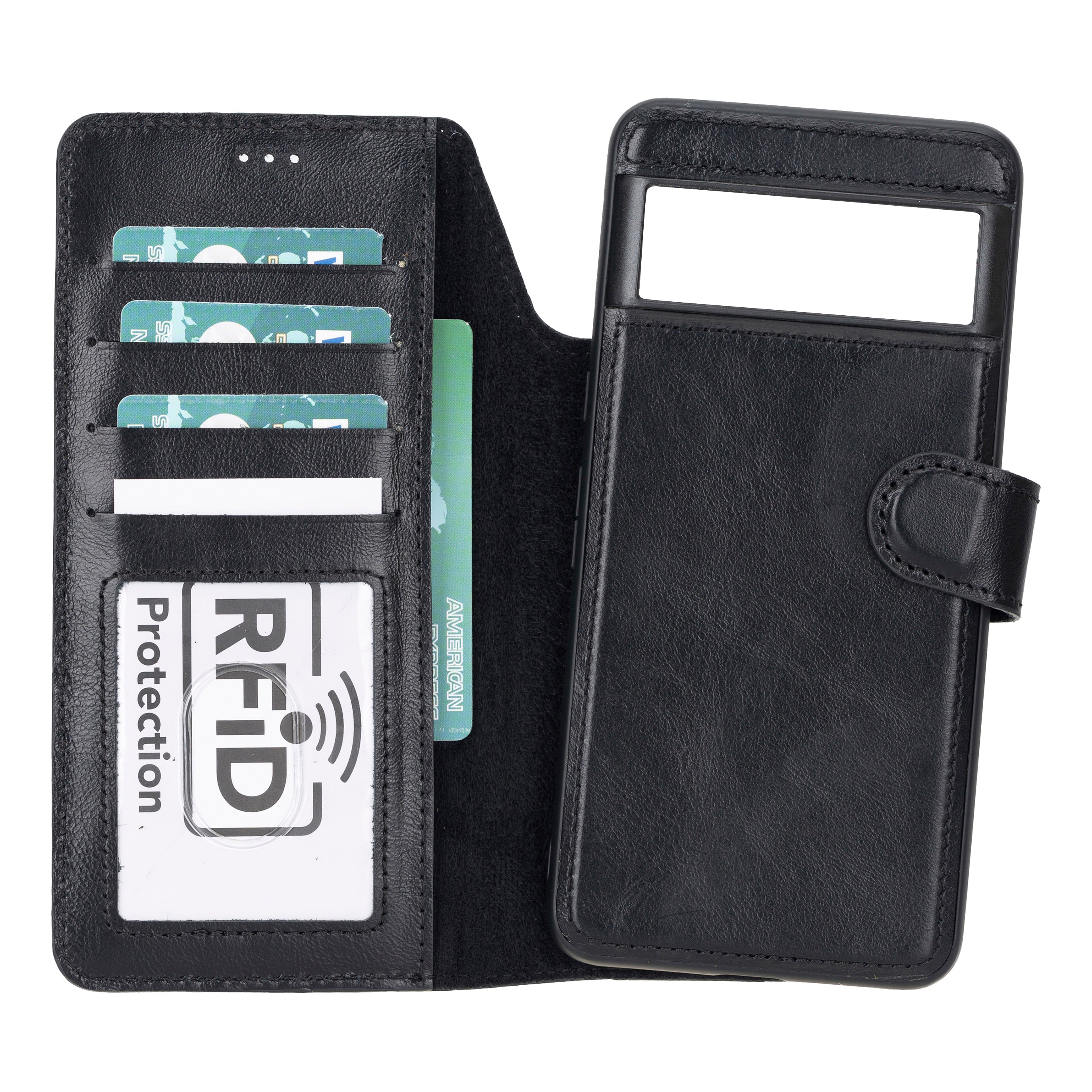 Black google pixel wallet case with card slots and RFID protection label on a white background