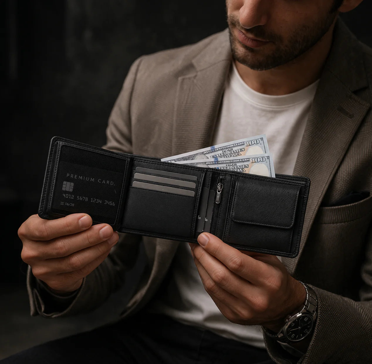 Man holding a black wallet with money against a dark background