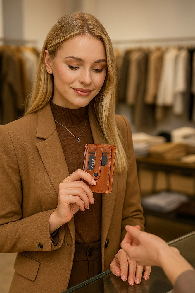 Woman in a brown coat holding a brown wallet in a clothing store.