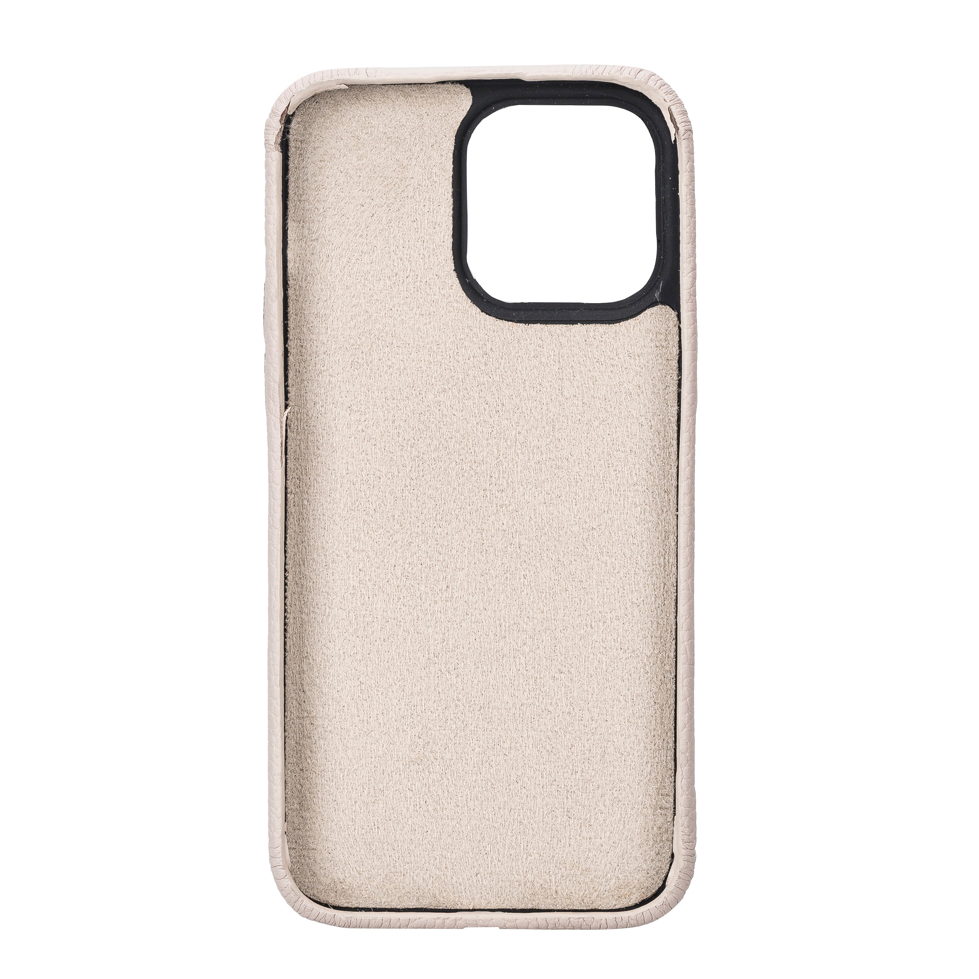 Beige phone case with black border on a white background