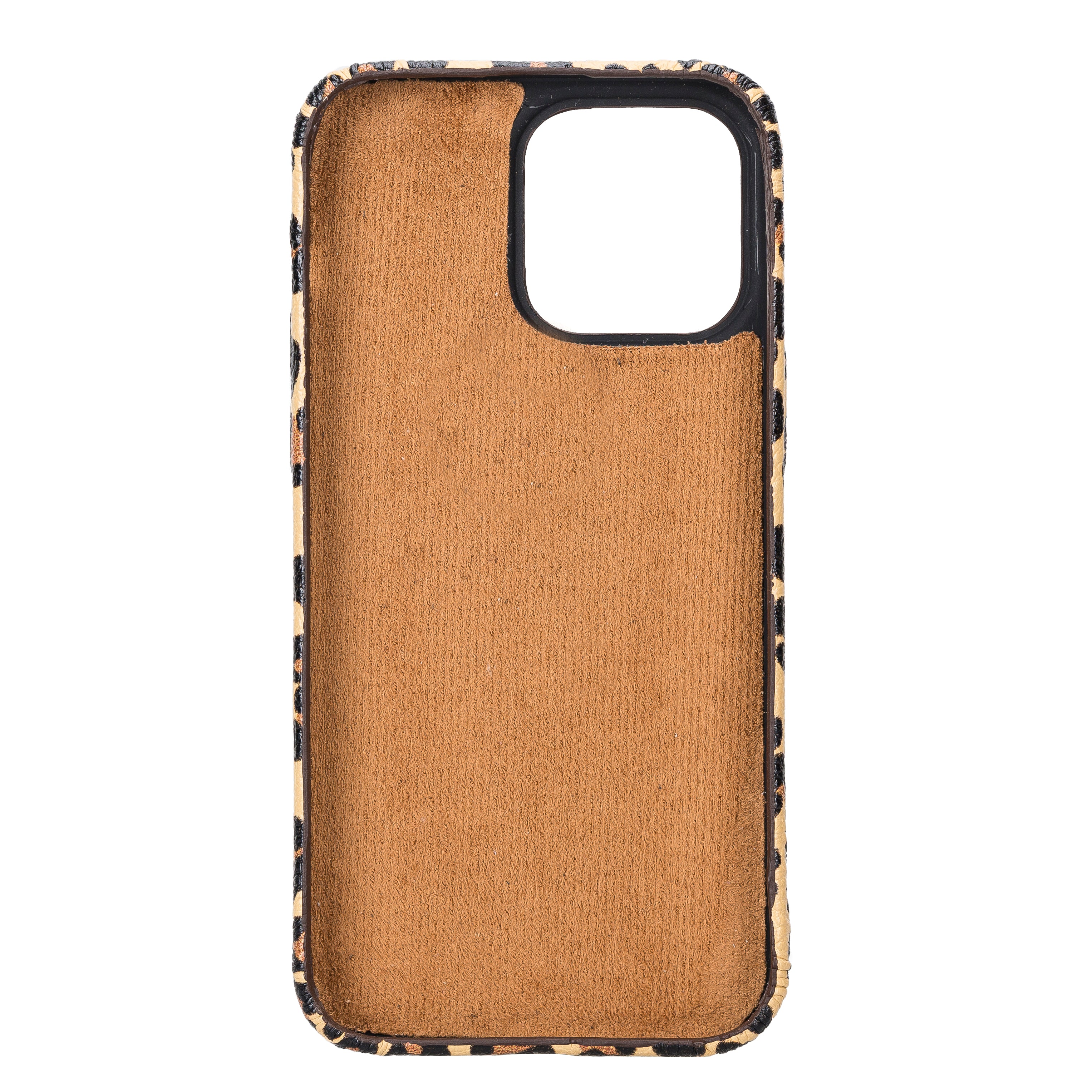 Phone case with brown fabric texture and black and gold patterned border on a white background