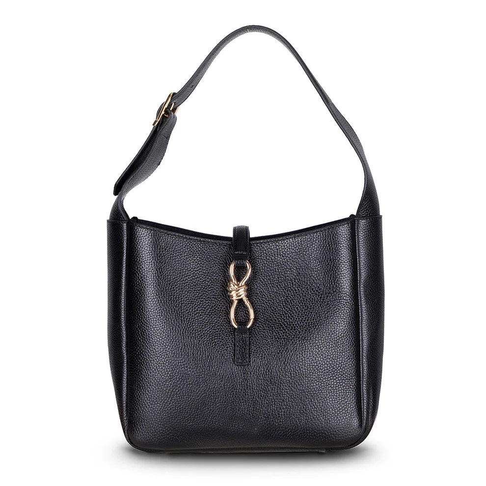 Black leather handbag with a gold clasp on a white background