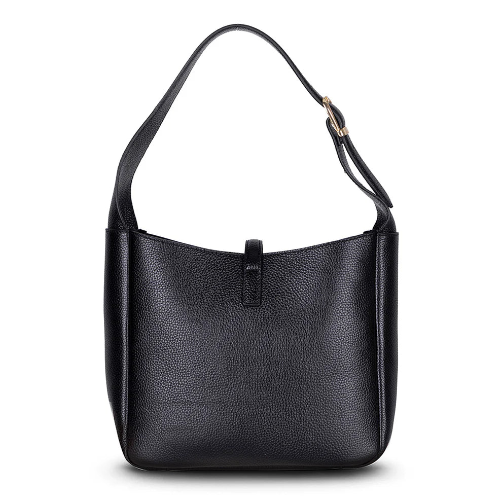 Black leather handbag with a shoulder strap on a white background