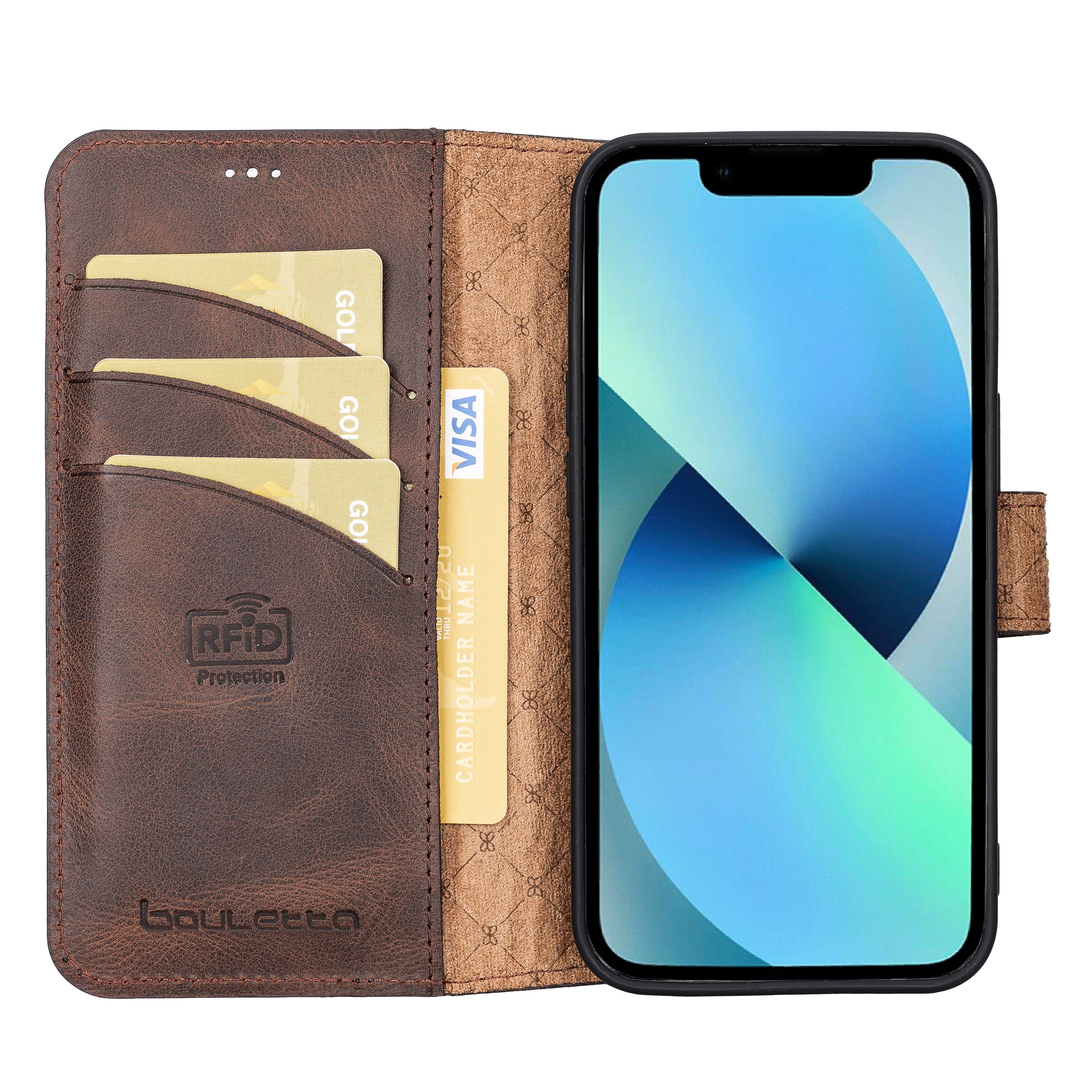 Brown phone wallet with card slots and a smartphone inside on a white background