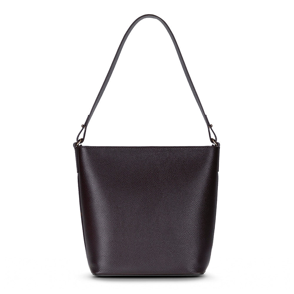 Black leather handbag with a shoulder strap on a white background