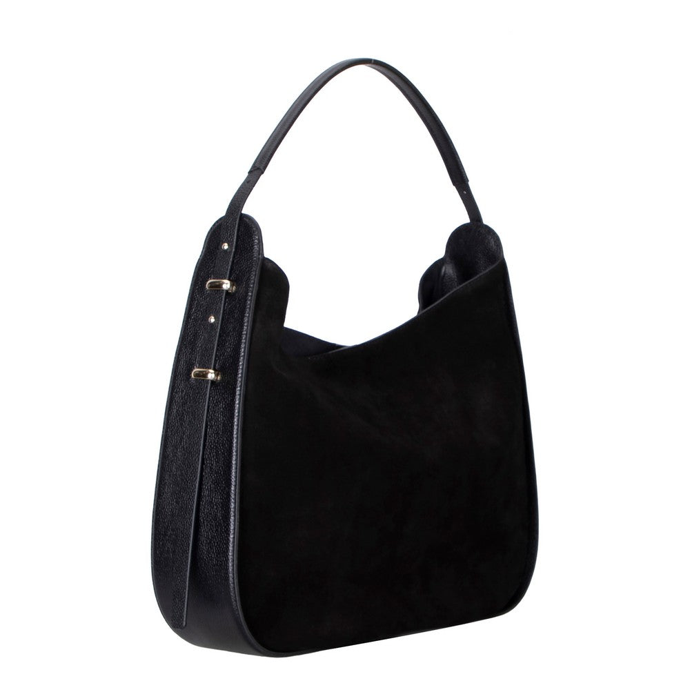 Black suede handbag with gold accents on a white background