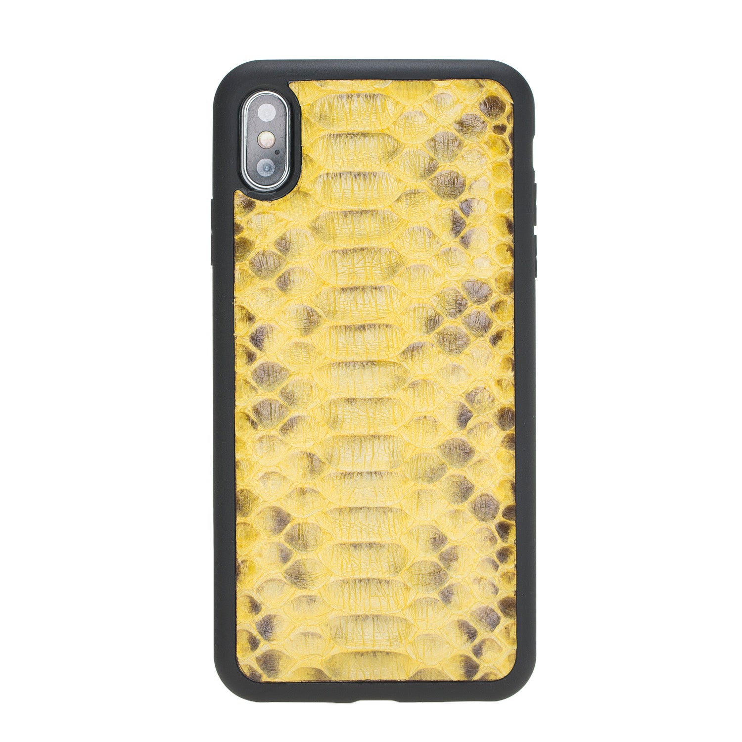 Phone case with yellow snake skin pattern on a white background