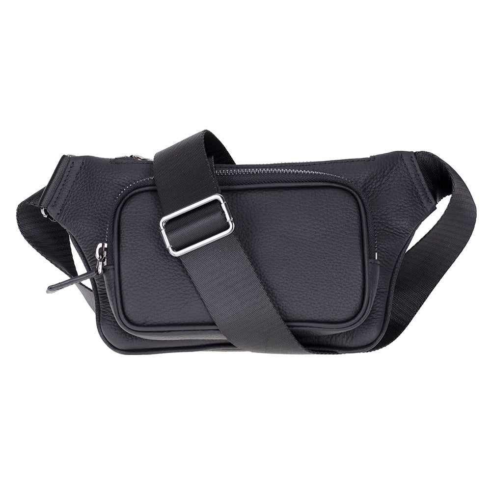 Black leather waist bag with a silver buckle on a white background