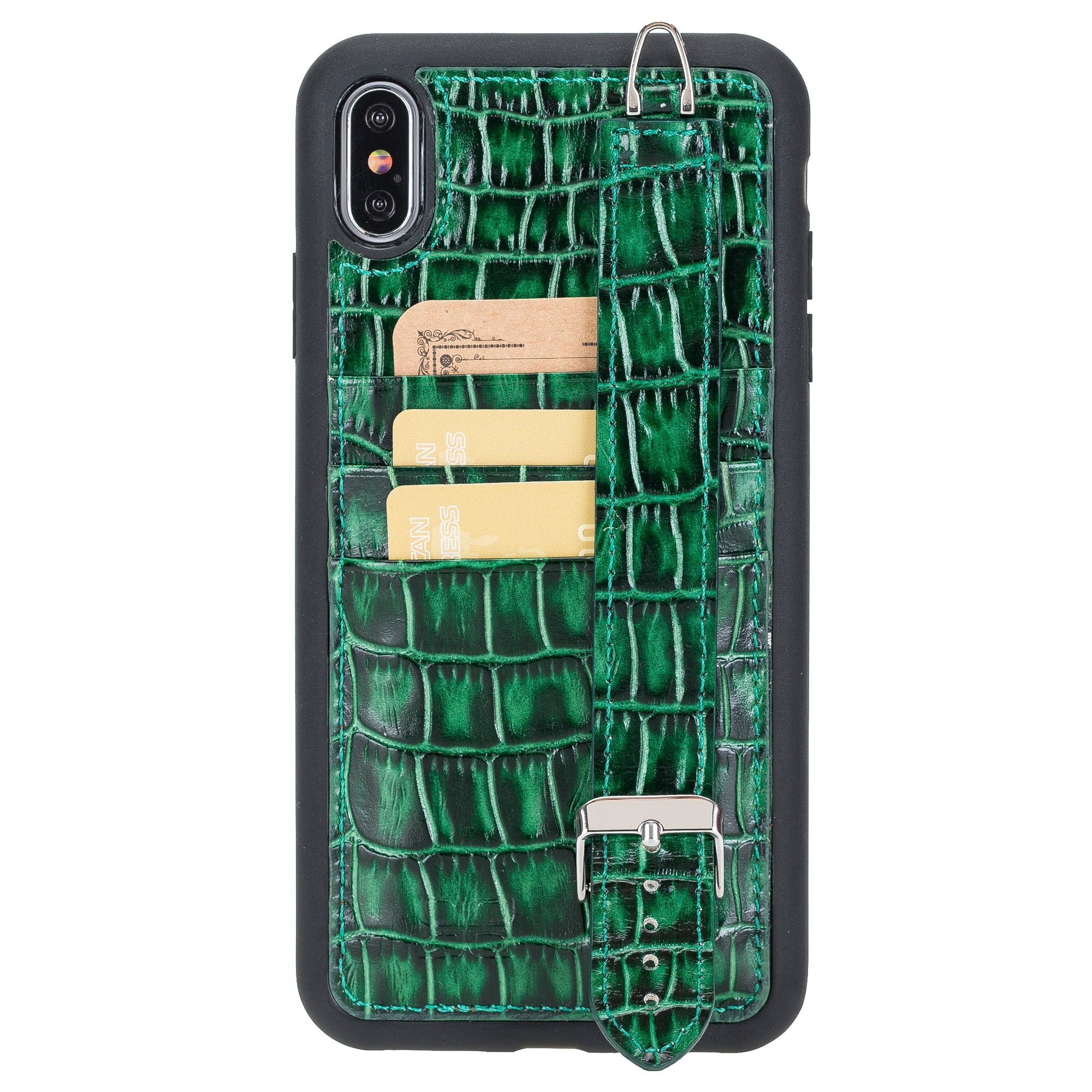 iPhone X Series Genuine Leather Flex Cover Card Holder Back Cover with Hand Strap