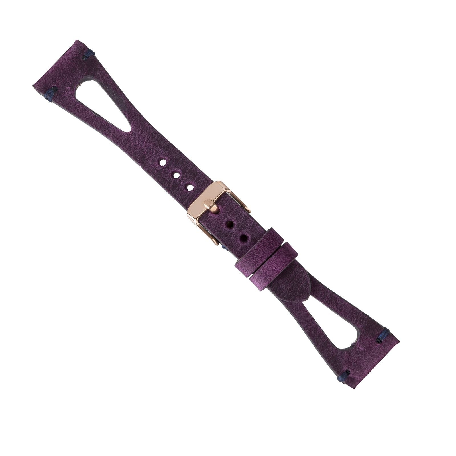 Purple watch strap with gold buckle on a white background