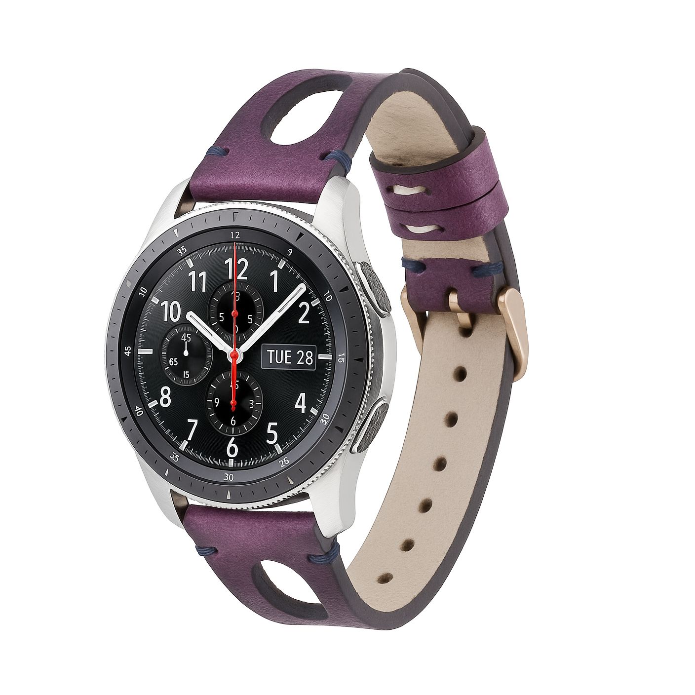 Smartwatch with a purple leather strap on a white background