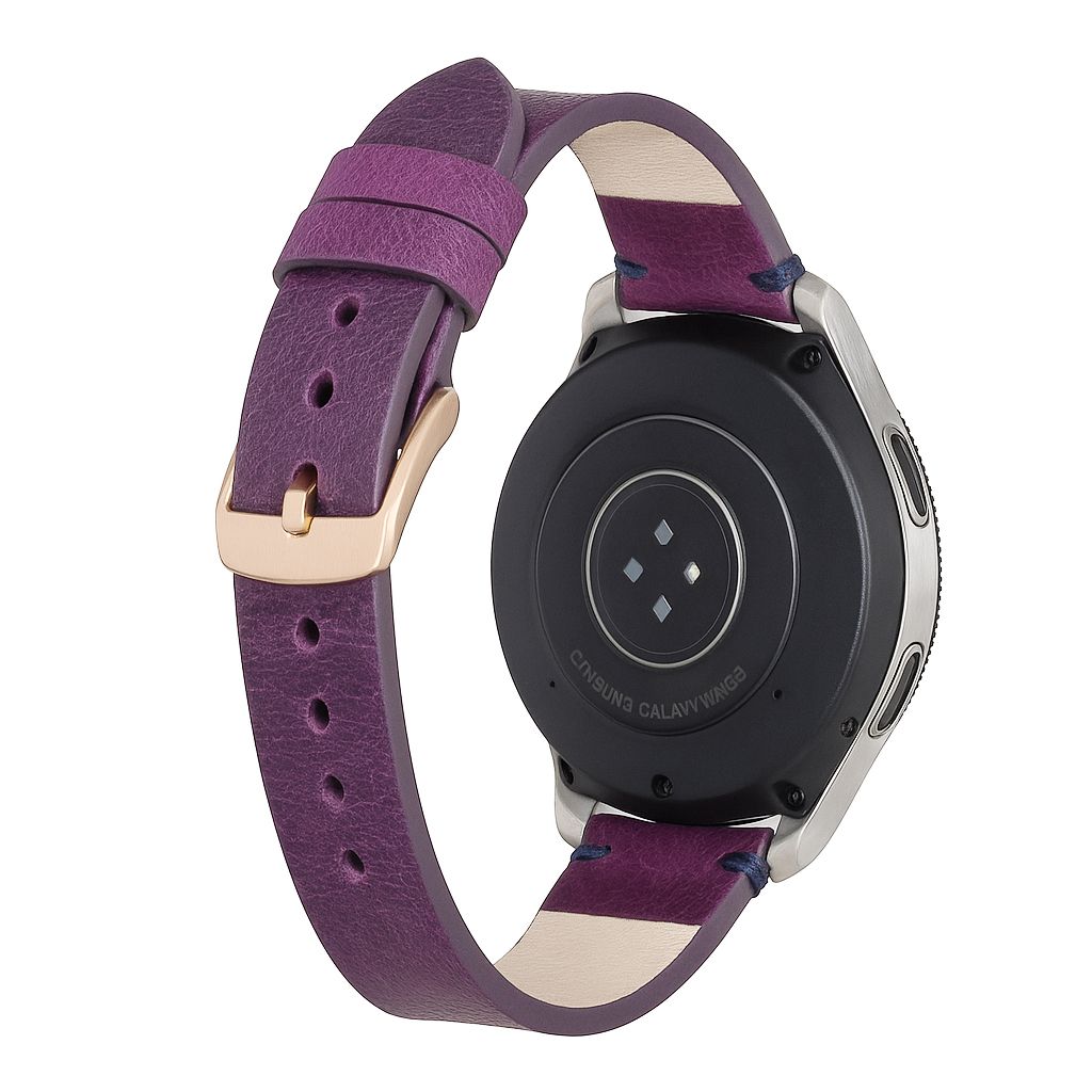 Smartwatch with a purple leather strap on a white background
