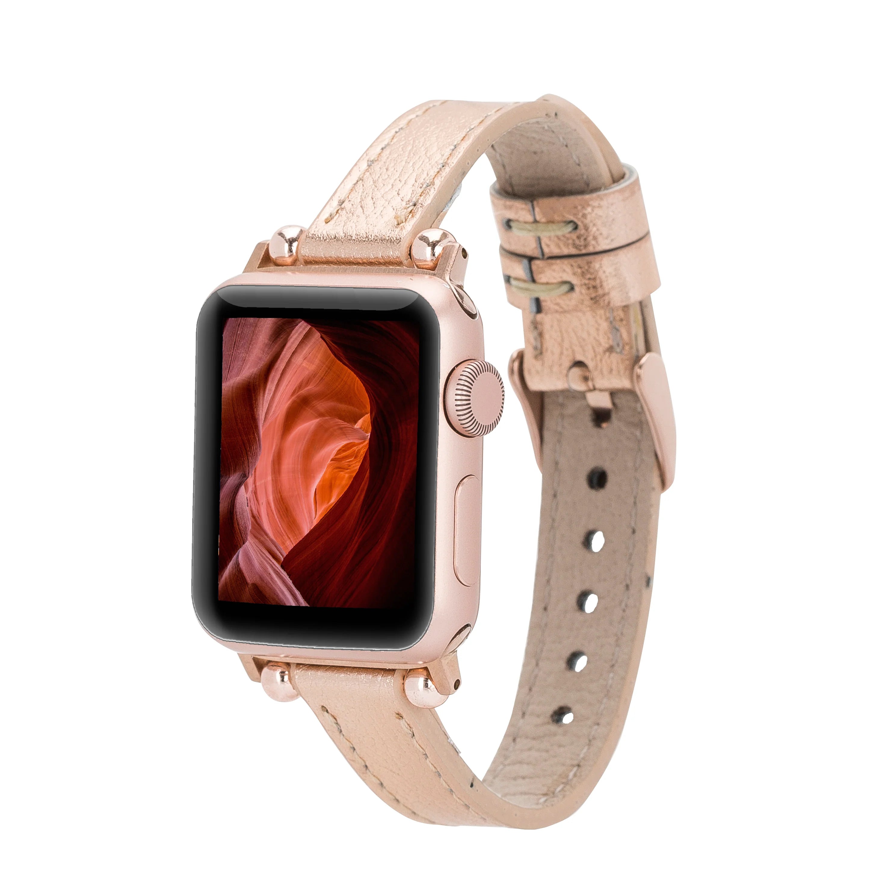 Smartwatch with a beige leather strap on a white background
