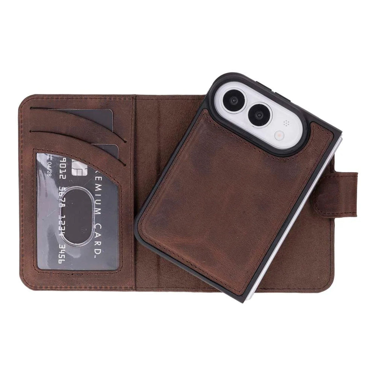 A brown leather wallet phone case shown open on a white background, with card slots on the left and a phone case insert on the right.