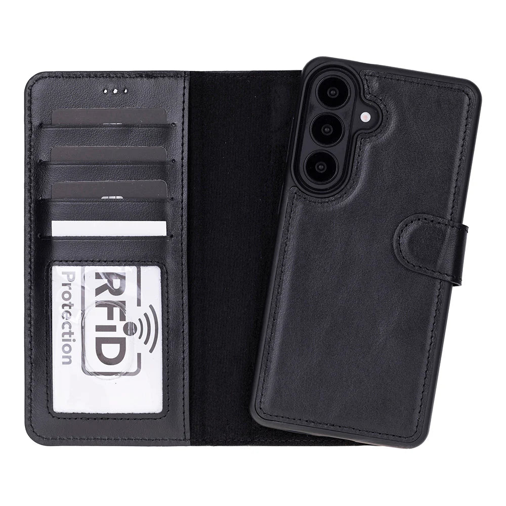 Black Galaxy S25 leather phone wallet with card slots and RFID protection label on a white background