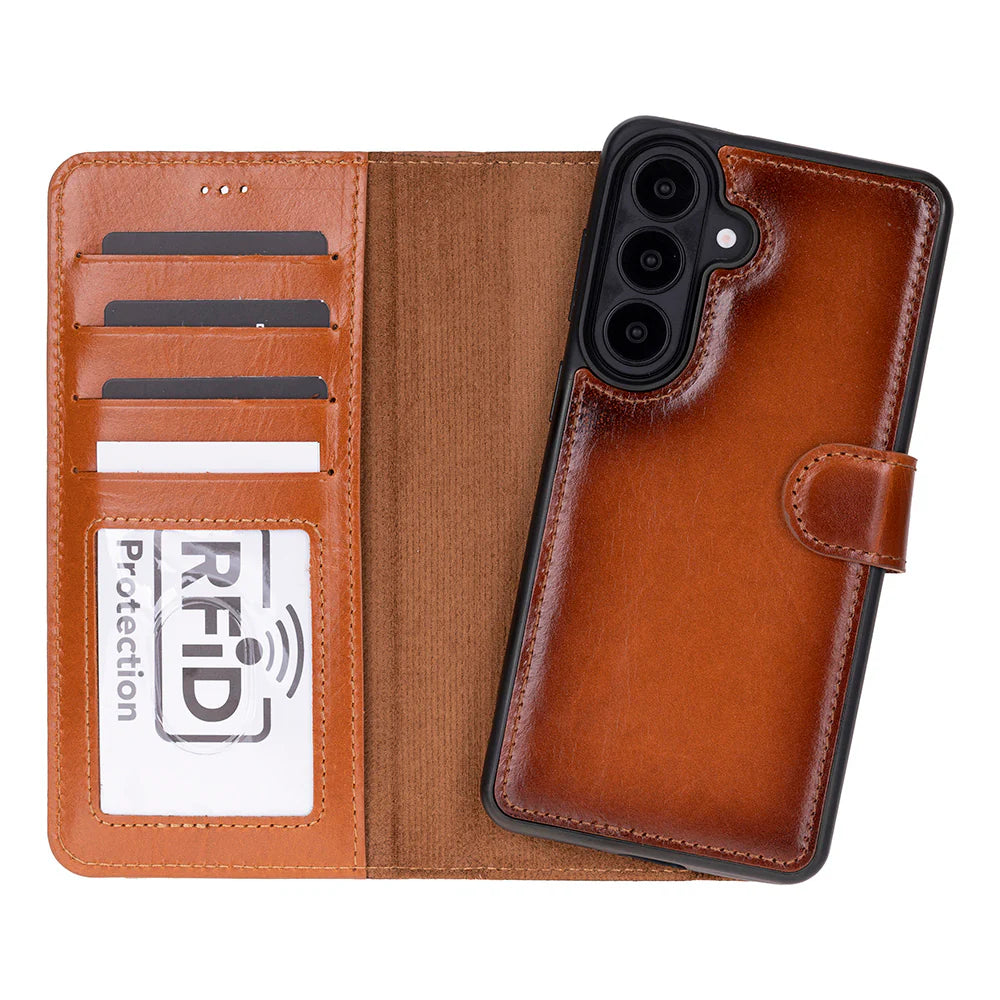 Brown Galaxy S25 leather phone wallet with card slots and RFID protection label on a white background